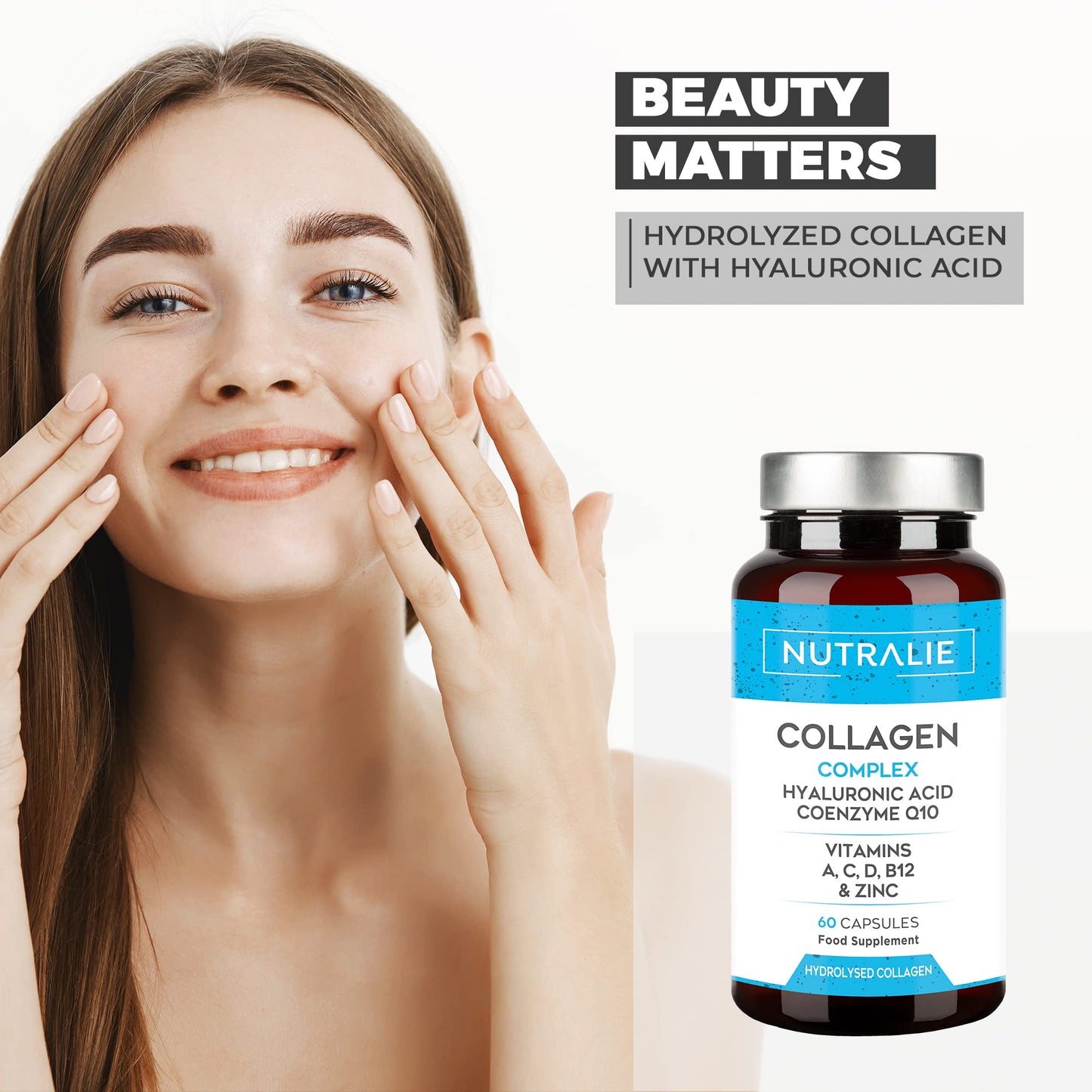 Collagen Hyaluronic Acid Q10 - Pure Hydrolyzed - Joints Skin + Vitamins CAD B12 + Zinc - 60 capsules - Nutralie (No dyes)