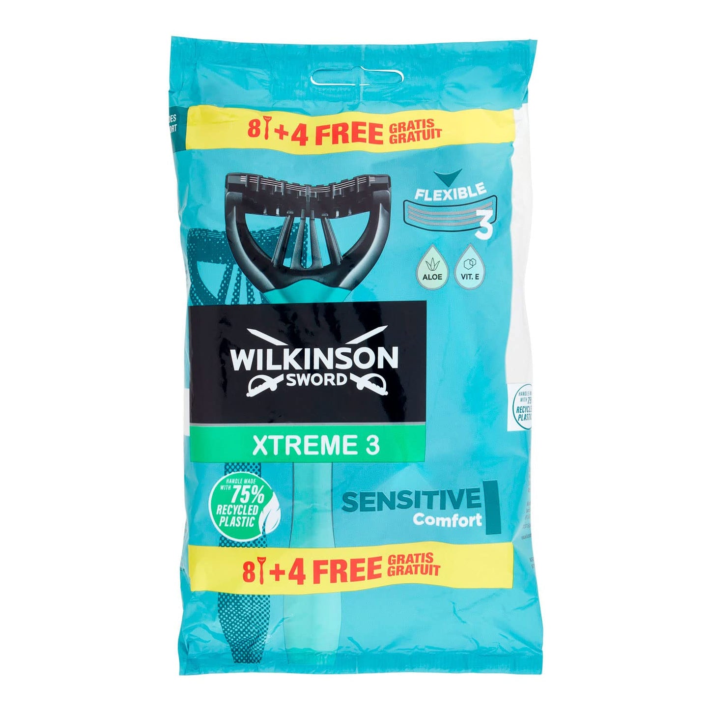 Wilkinson Sword Xtreme 3 Sensitive - Pack of 8 + 4 Disposable Razors with a Lubricating Strip of Vitamin E and Aloe Vera - Optimal for Facial Care and Softness