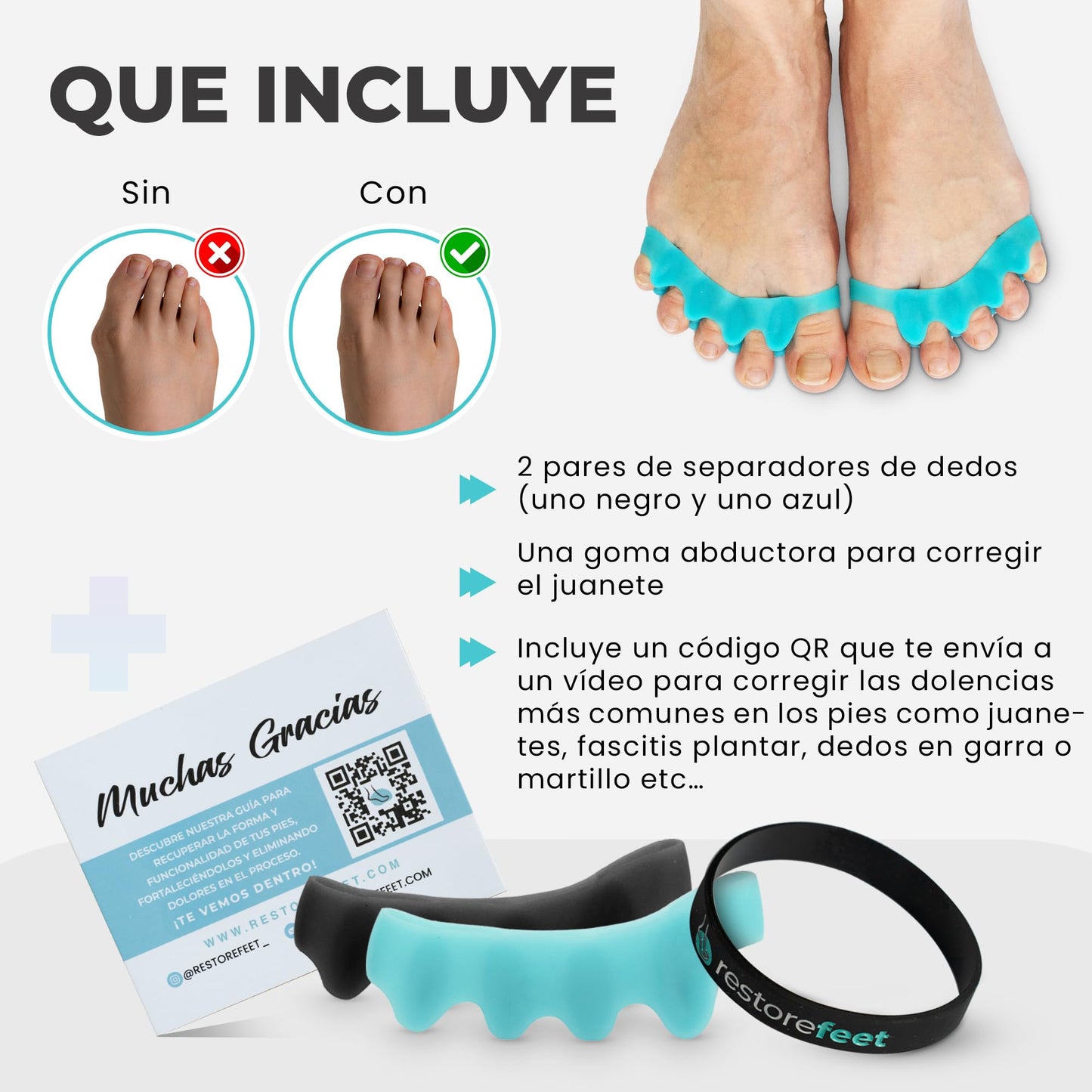 RestoreFeet Separadores de Dedos + Banda Anti-Juanetes (2 Pares)