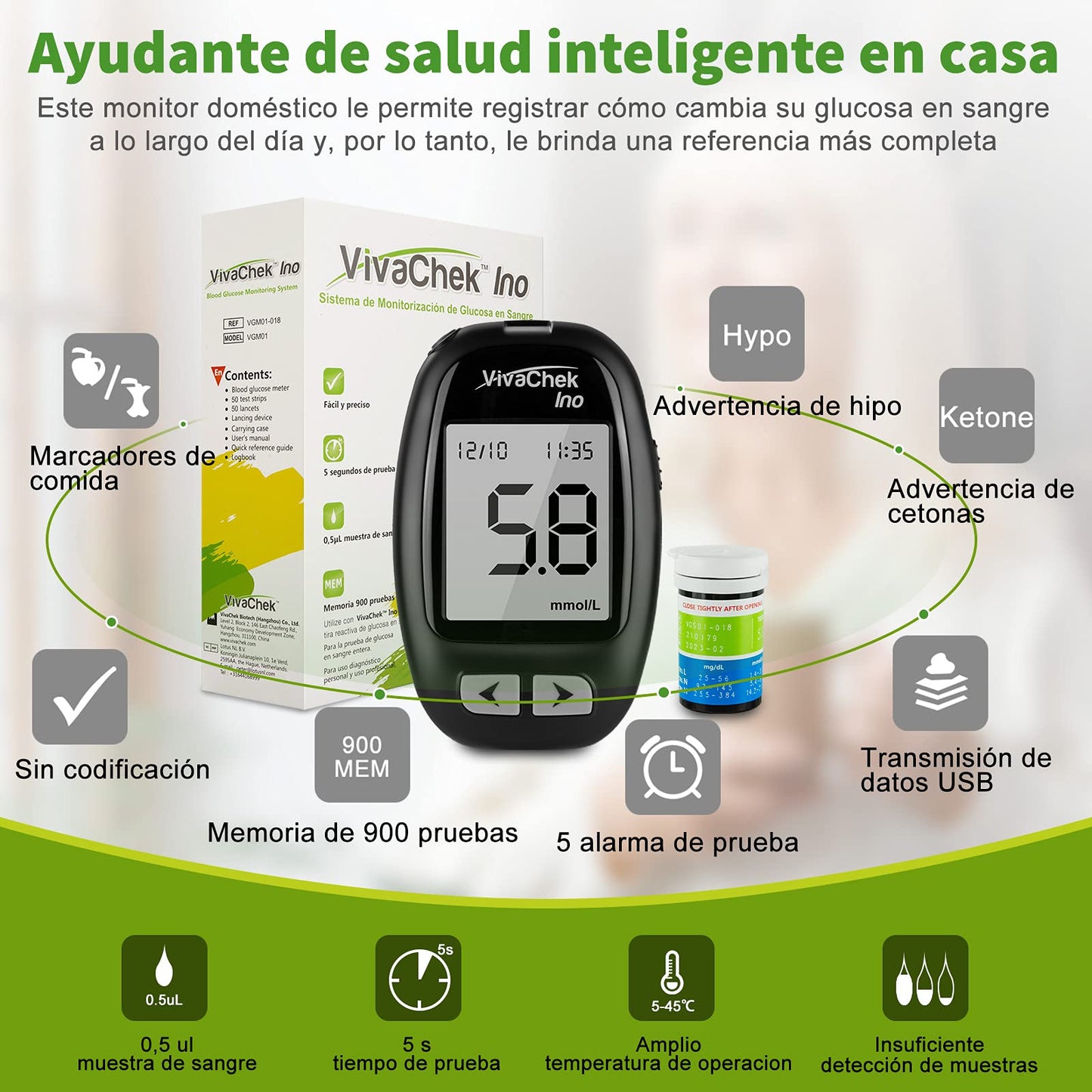 Medidor de Glucosa VivaChek Ino Kit con 50 Tiras y 900 Memorias