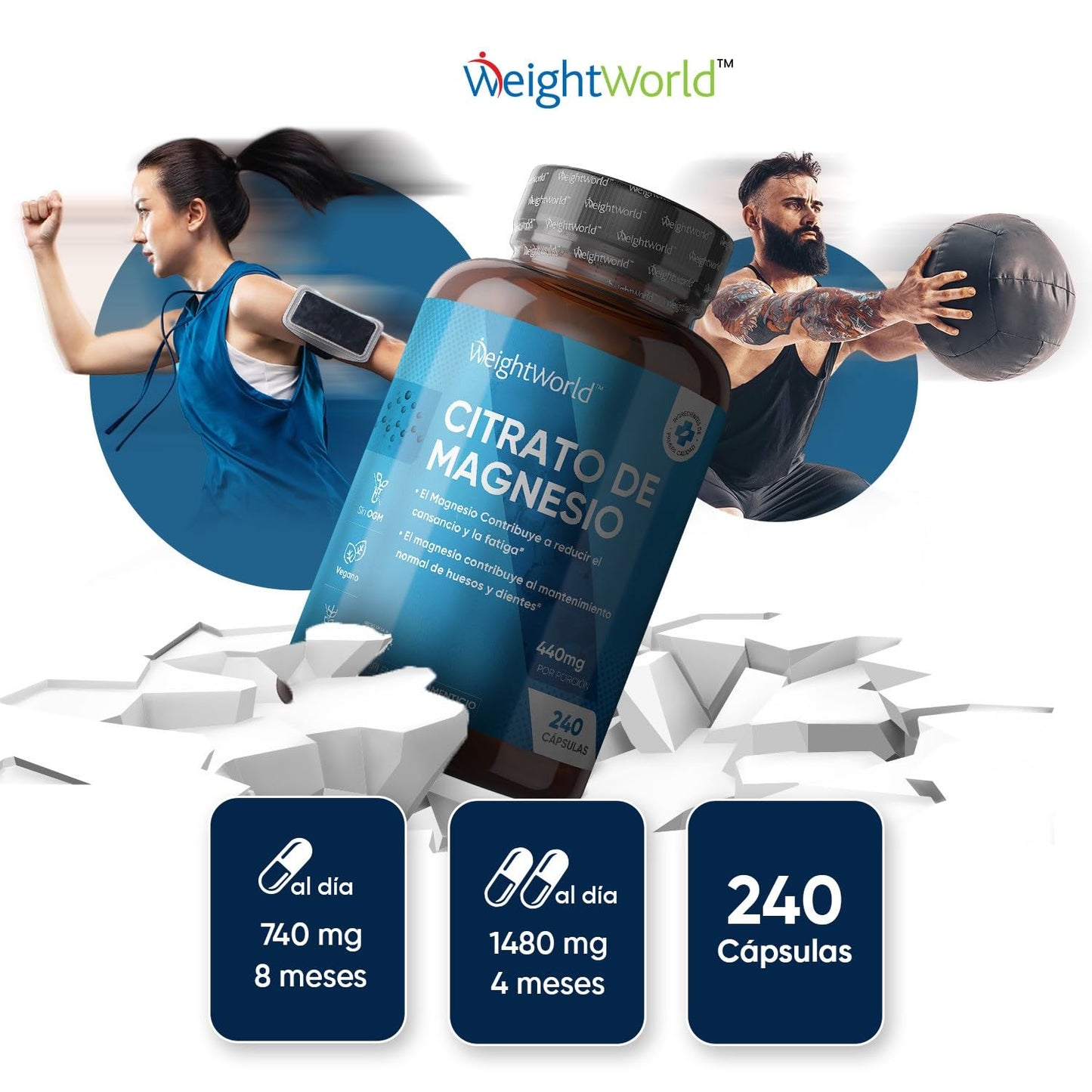 Magnesium Citrate 1480mg, 240 Vegan Capsules - 440mg of High Bioavailability Pure Magnesium, 4 Month Supply, Reduces Tiredness and Fatigue, Balances Electrolytes, Sports Supplement.