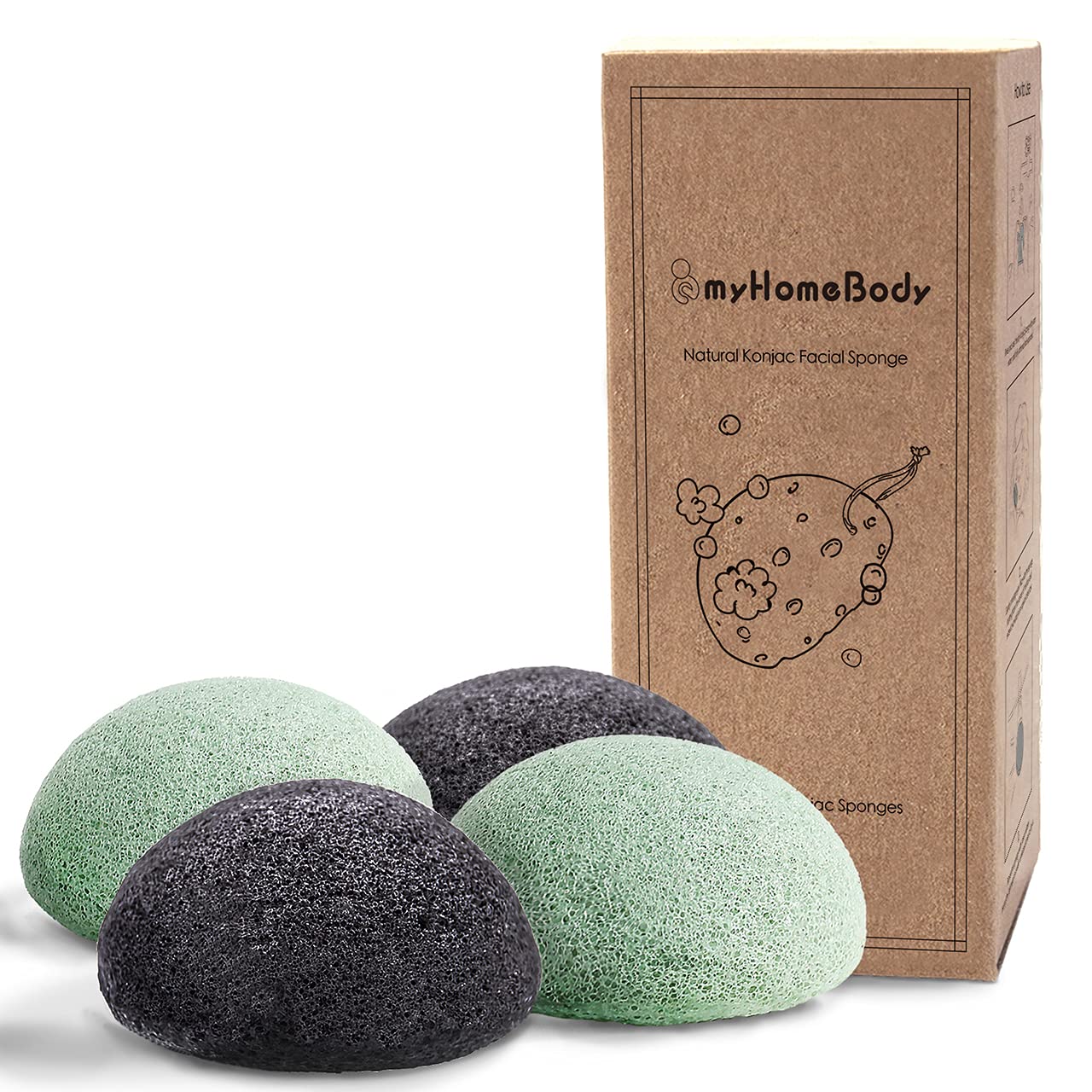 myHomeBody Natural Konjac Facial Sponges - for Gentle Facial Cleansing and Exfoliation - with Activated Charcoal and Aloe Vera, 4-Piece Set