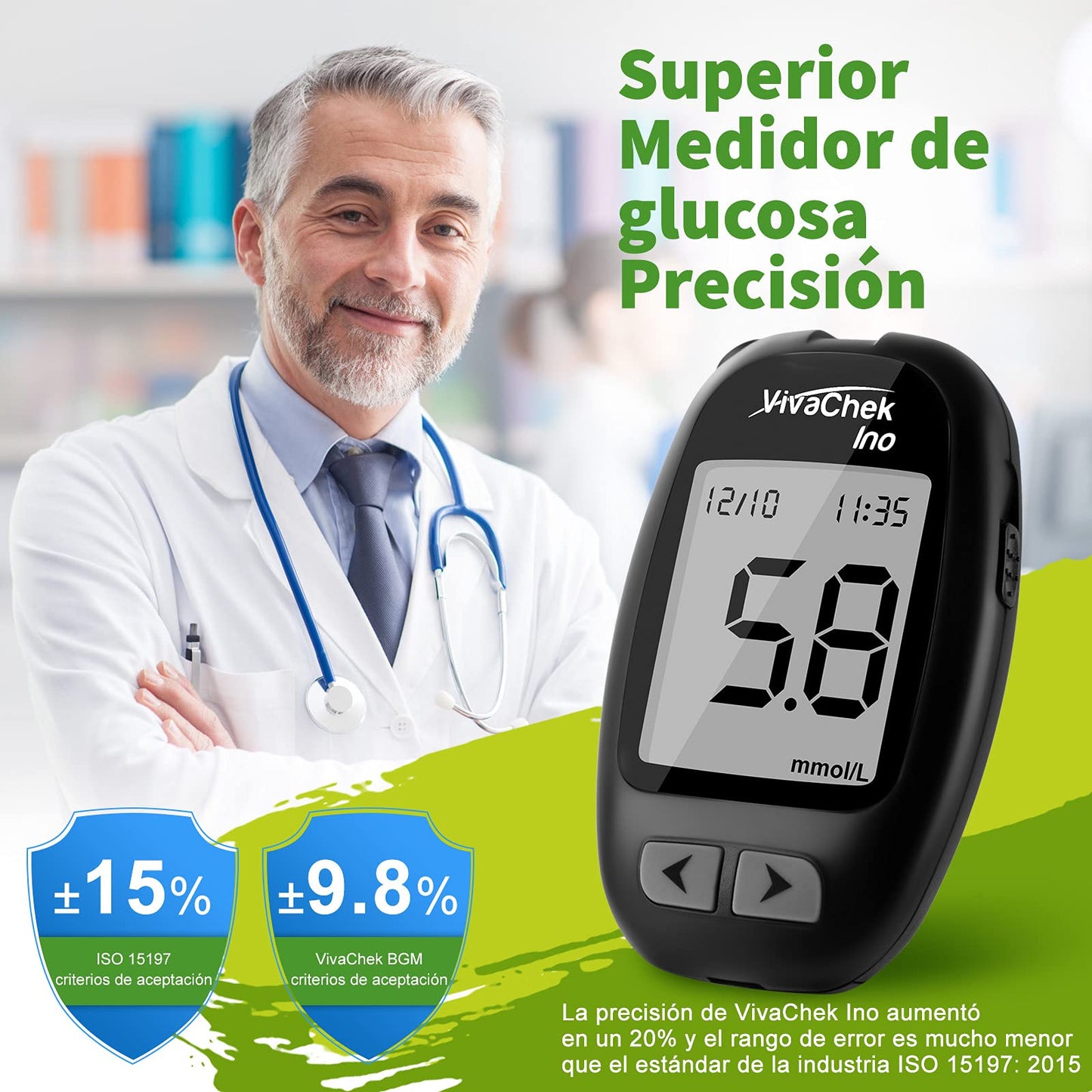 Medidor de Glucosa VivaChek Ino Kit con 50 Tiras y 900 Memorias
