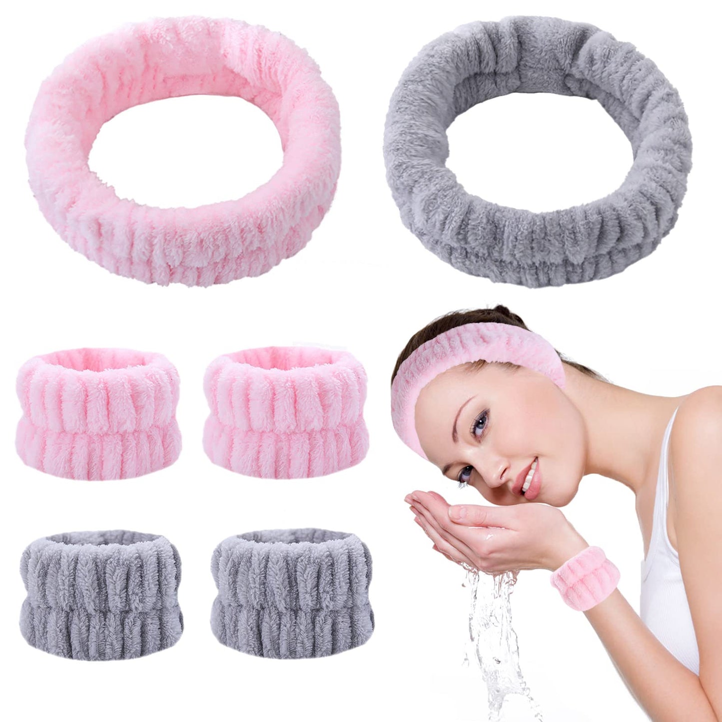 KEYRI 6 Pieces Facial Headbands and Spa Wristbands for Makeup and Washing Face Band Elastic Washing Wristbands for Shower Sport Yoga (Pink, Grey)