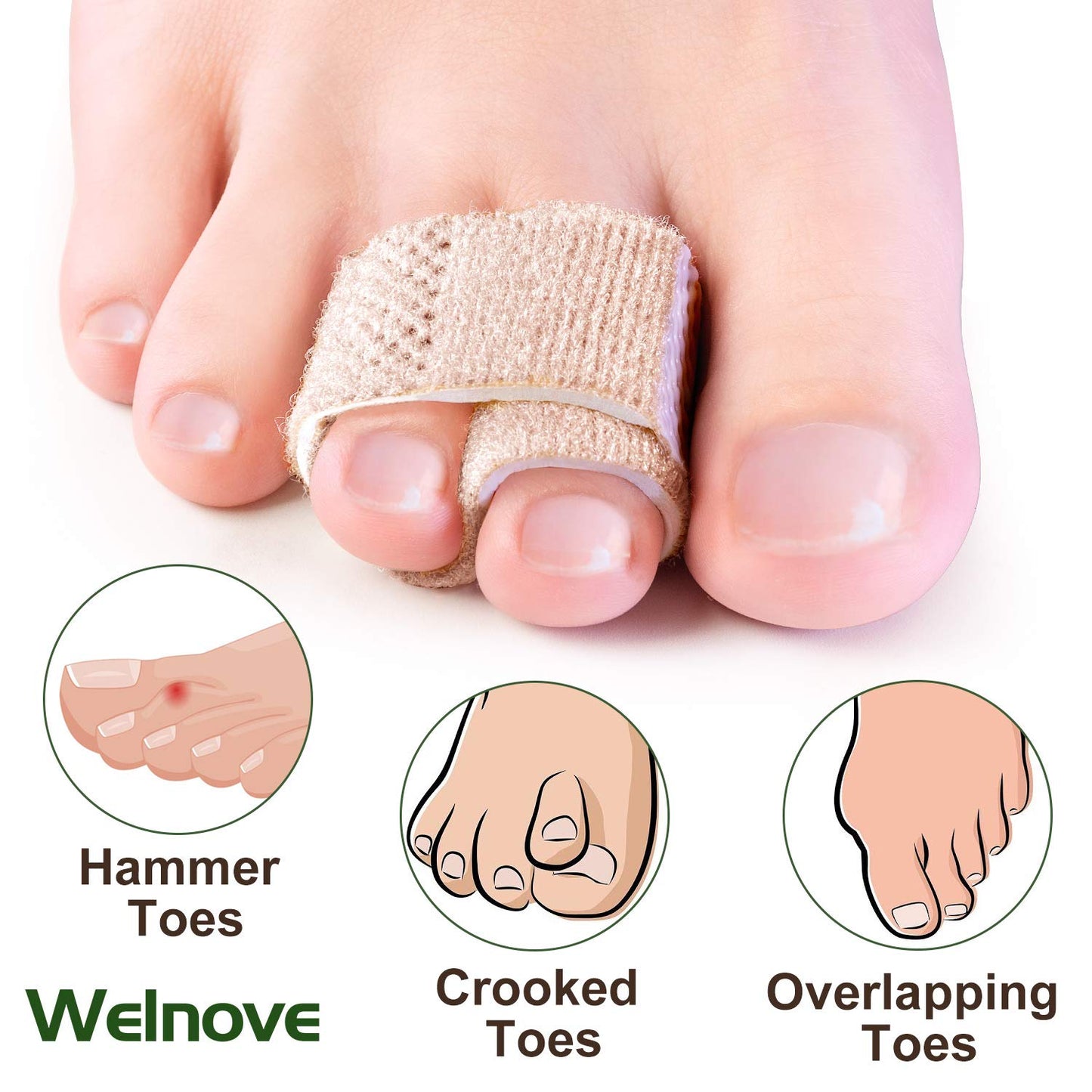 Welnove Corrector para Dedos en Martillo – Férulas y Vendajes Almohadillados, 6 Piezas