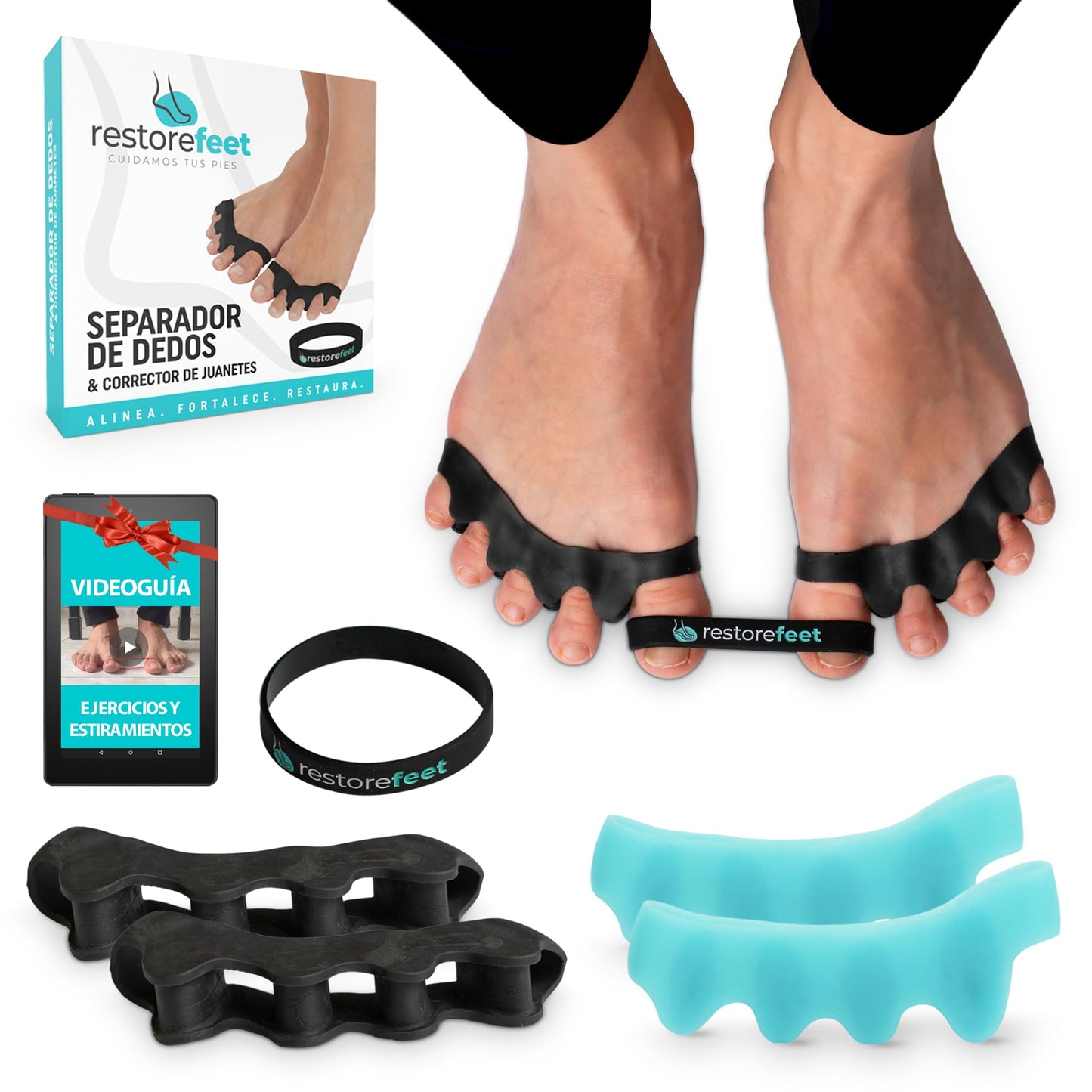 RestoreFeet Separadores de Dedos + Banda Anti-Juanetes (2 Pares)
