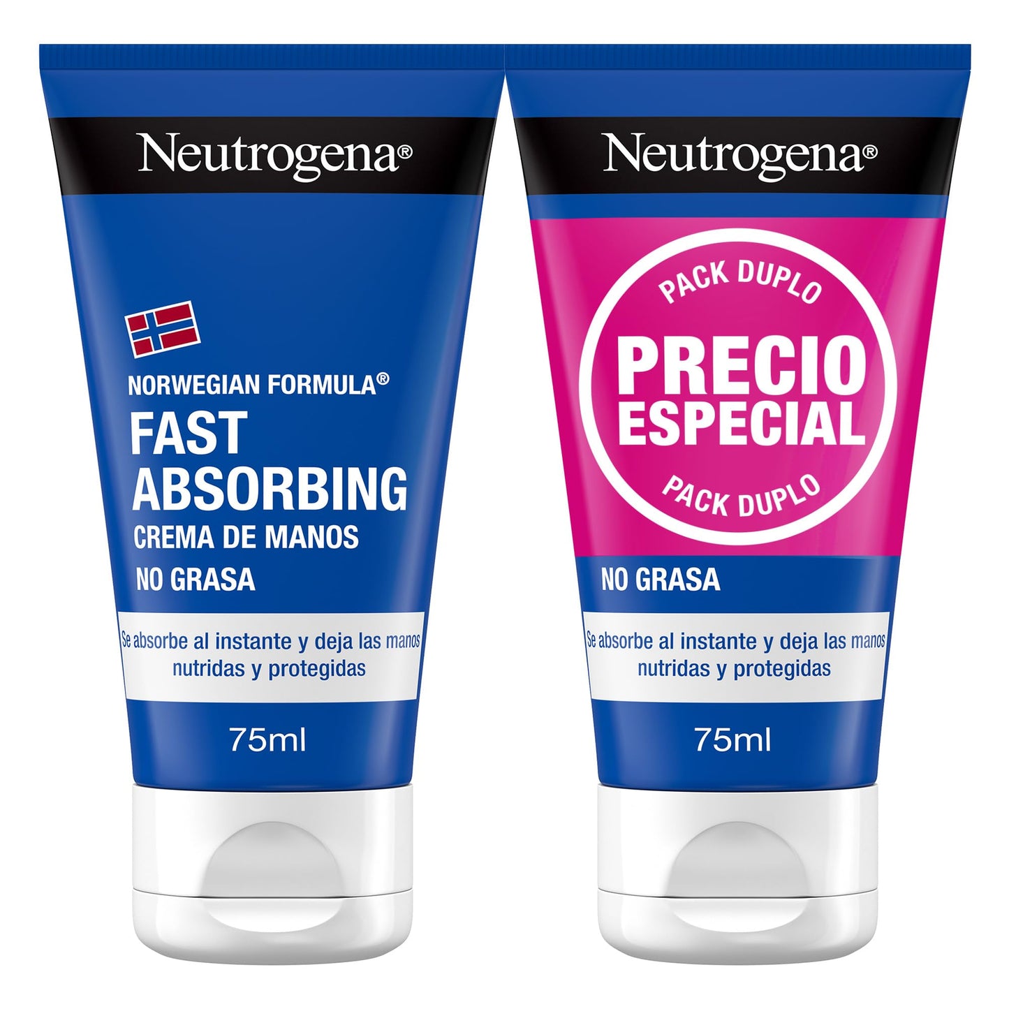 Neutrogena Norwegian Formula Fast Absorbing (pack of 2 x 75 ml) non-greasy repairing hand cream with glycerin and vitamin E, fast-absorbing cream for cracked and dry hands