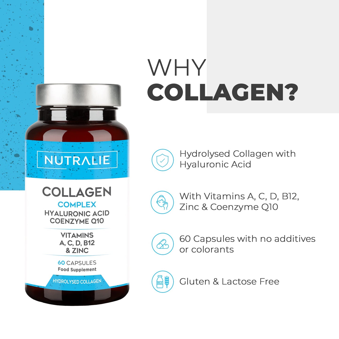 Collagen Hyaluronic Acid Q10 - Pure Hydrolyzed - Joints Skin + Vitamins CAD B12 + Zinc - 60 capsules - Nutralie (No dyes)