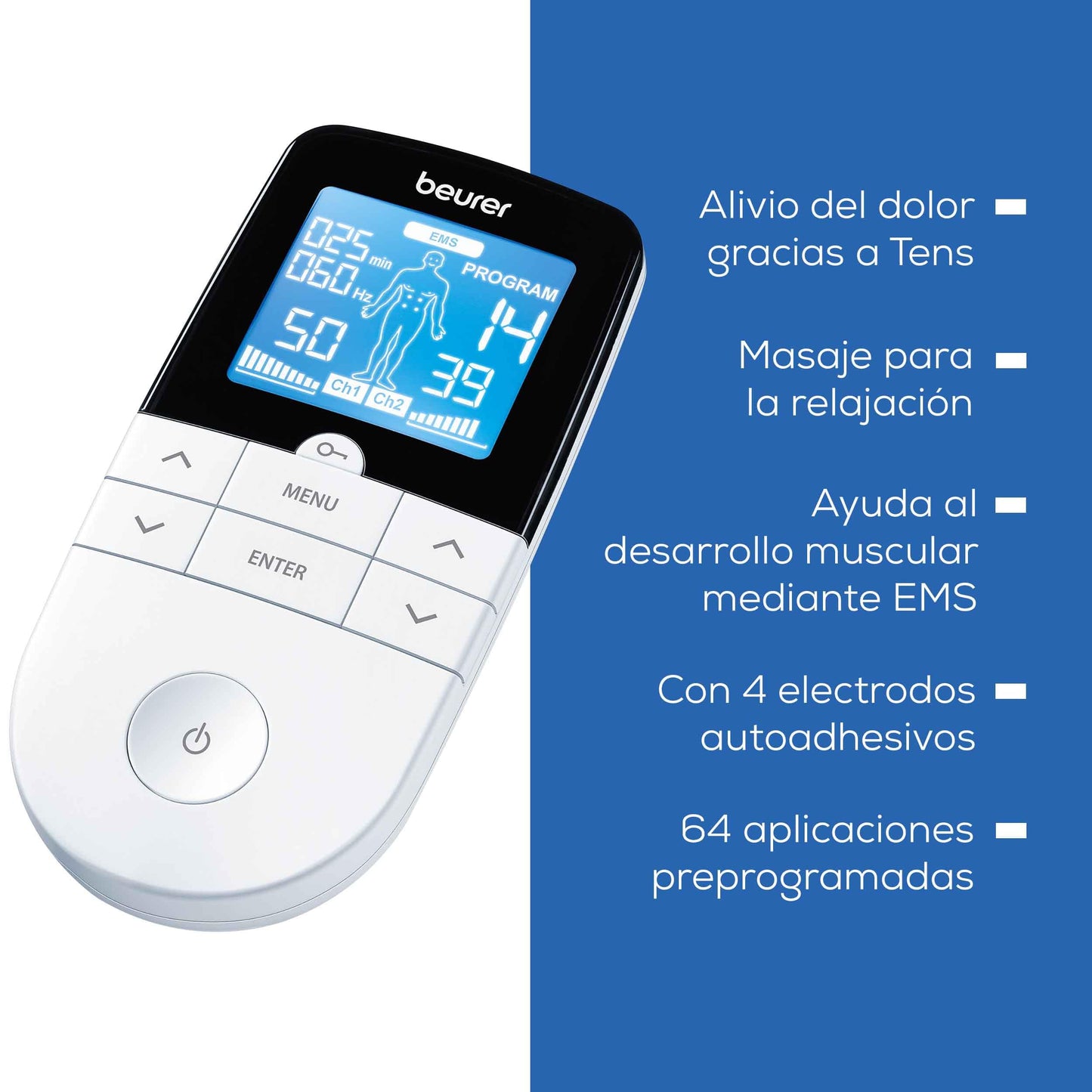 Beurer EM 49 – Electroestimulador TENS/EMS 3 en 1 con Masaje para Alivio del Dolor y Entrenamiento Muscular