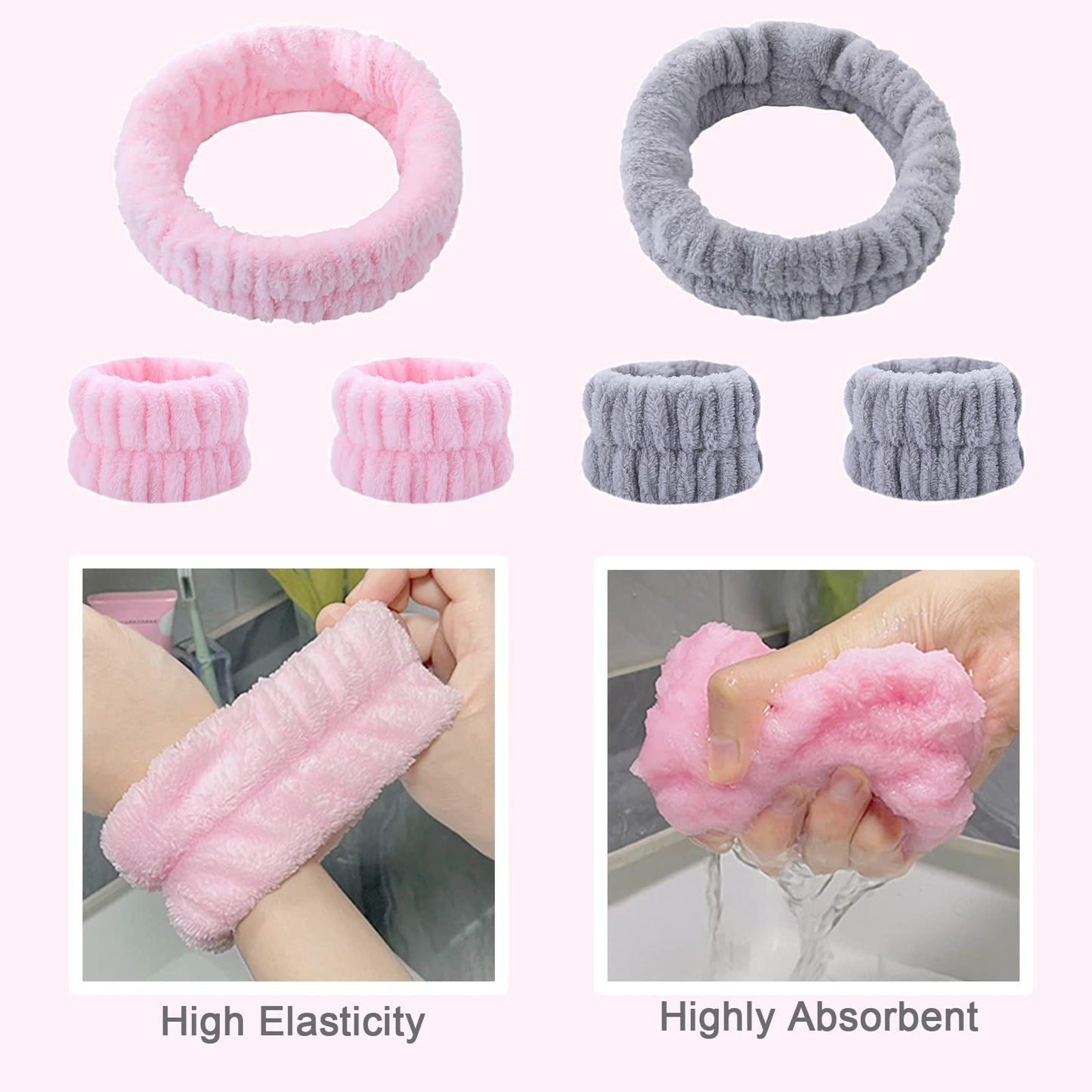 KEYRI 6 Pieces Facial Headbands and Spa Wristbands for Makeup and Washing Face Band Elastic Washing Wristbands for Shower Sport Yoga (Pink, Grey)