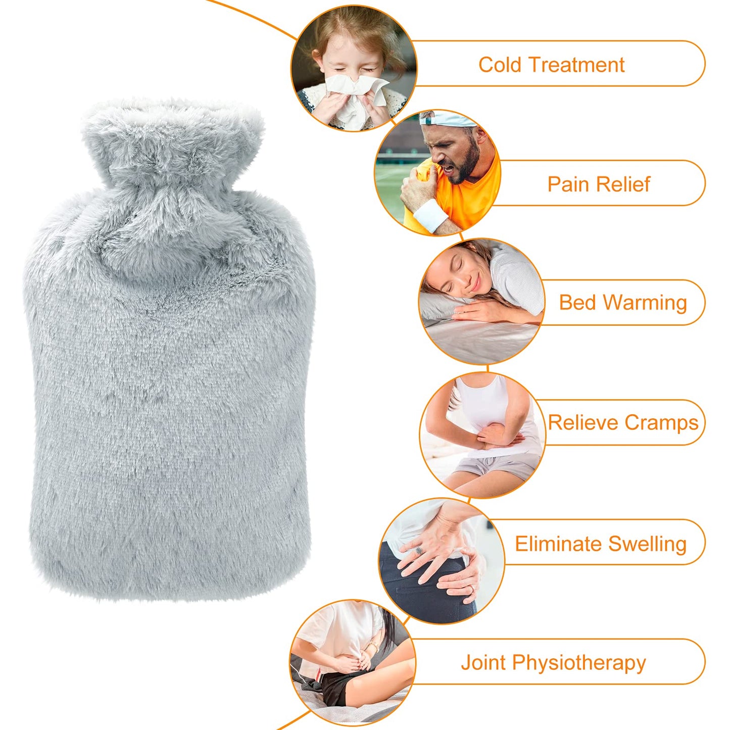 URBZUE Bolsa de Agua Caliente de 2L con Funda de Felpa Suave, Gris