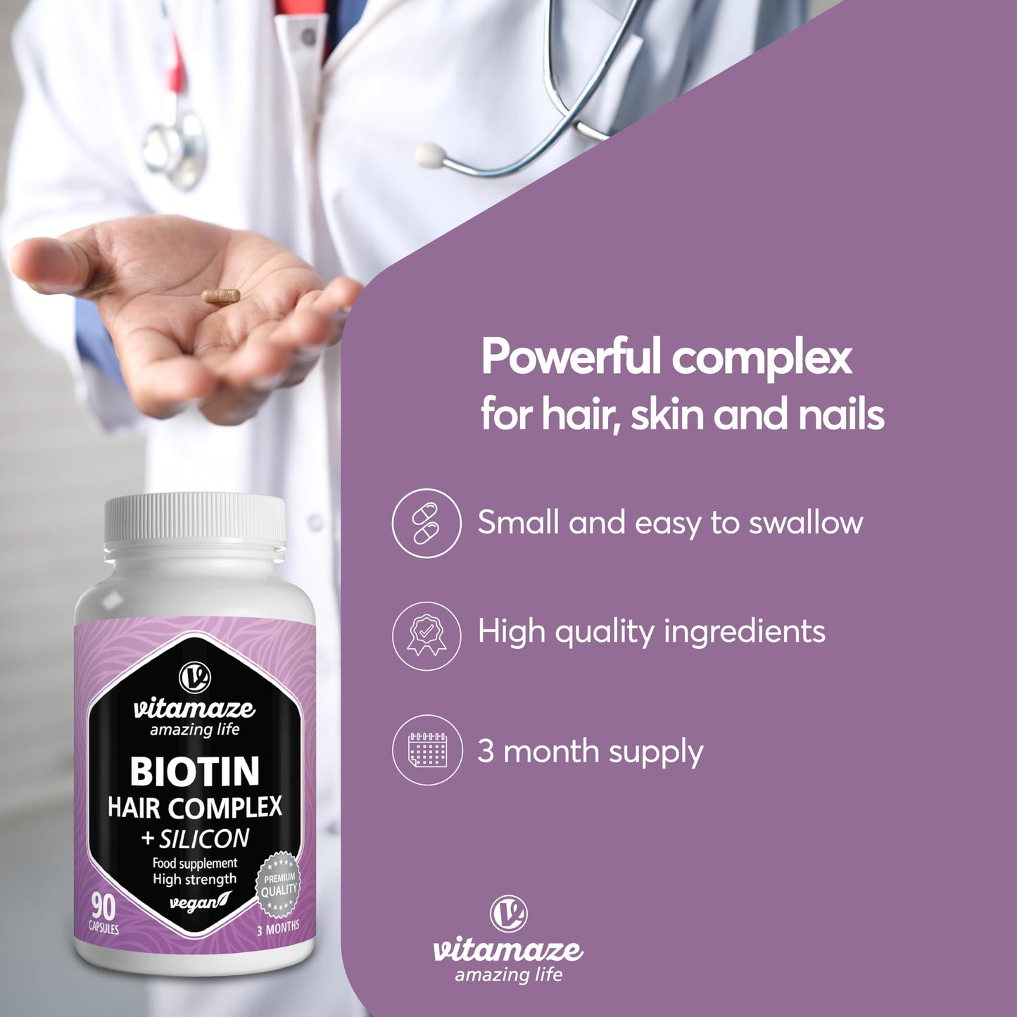 Biotin for Hair + Hair Vitamins with Silicon, Hyaluronic Acid, Zinc and Selenium, 90 Capsules, Anti-Hair Loss for Women with Vitamin B2 and Piperine. German Quality. Vitamaze®