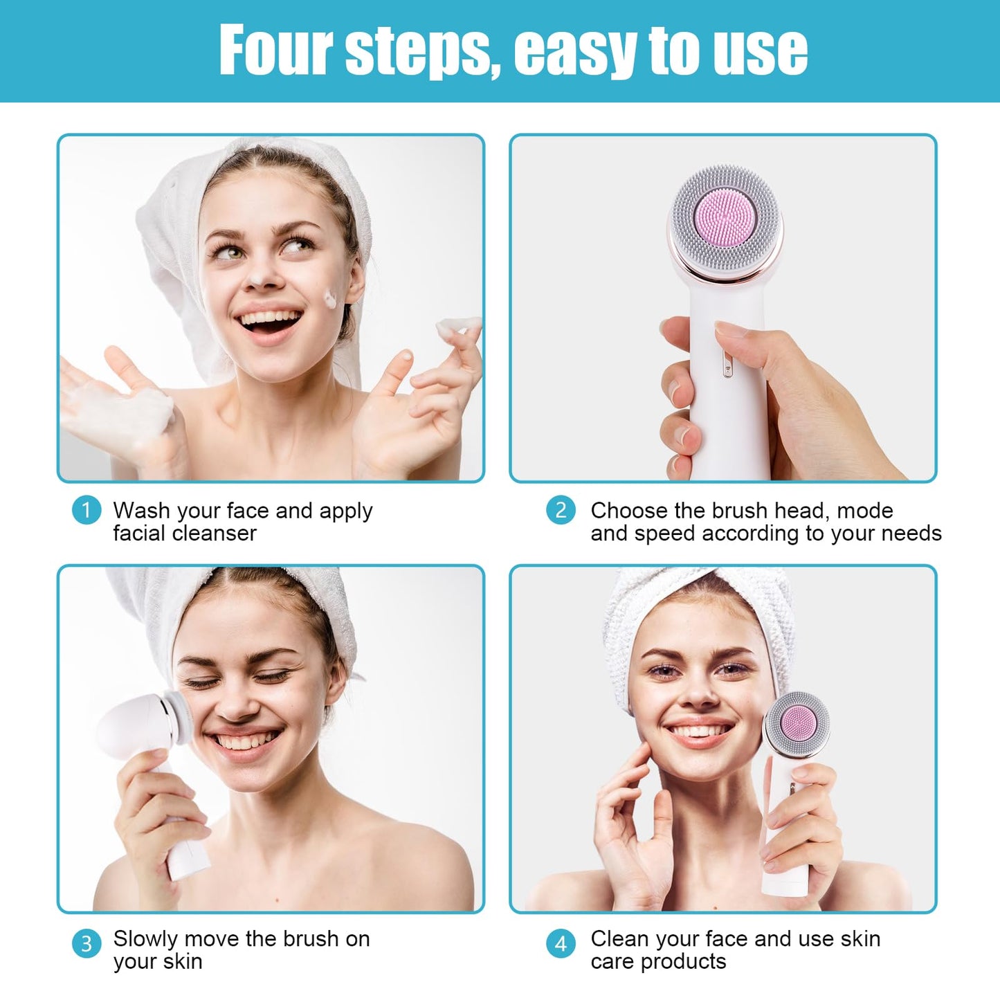 MYCARBON Electric Facial Cleansing Brush 2500 mAh Rechargeable Electric Massager Cleanser 2 Modes 360° Rotation Cleansing Brush 2 Speeds 2 Brushes IPX7 Waterproof FCD4 White