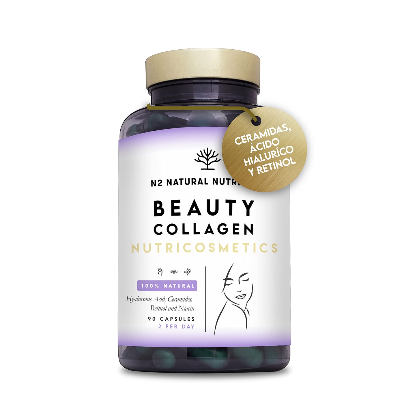 Hydrolyzed Collagen with Retinol, Hyaluronic Acid, Ceramides and Niacin. Healthy and Hydrated Skin. 90 Vegetable Capsules. Natural Barrier. With Vitamin C. CE. N2 Natural Nutrition