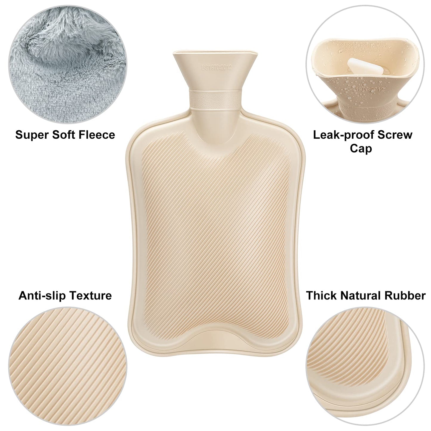 URBZUE Bolsa de Agua Caliente de 2L con Funda de Felpa Suave, Gris