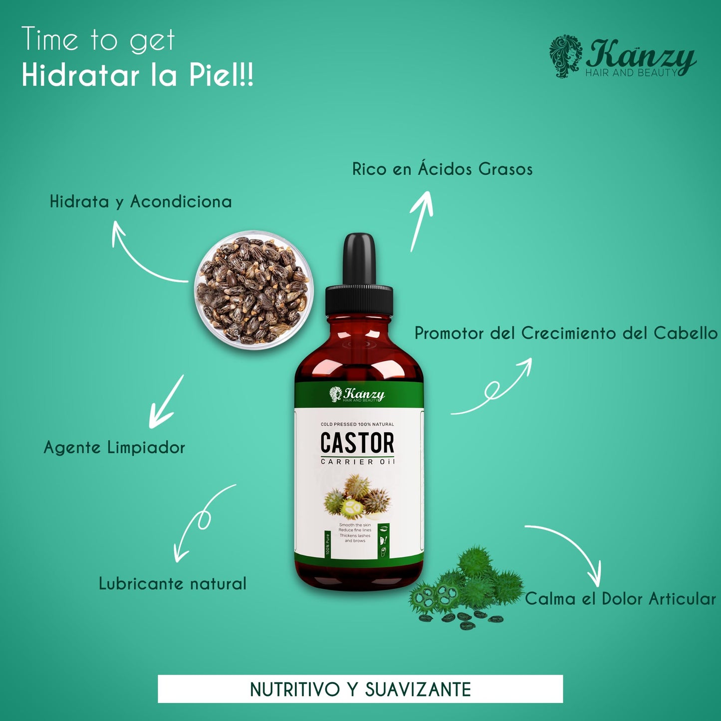 Kanzy Castor Oil for Eyelashes and Eyebrows 100ml Pure Oil for Hair, Beard, Nails, Body and Face Cold Pressed, Ideal for Hair Growth with Brushes, unisex