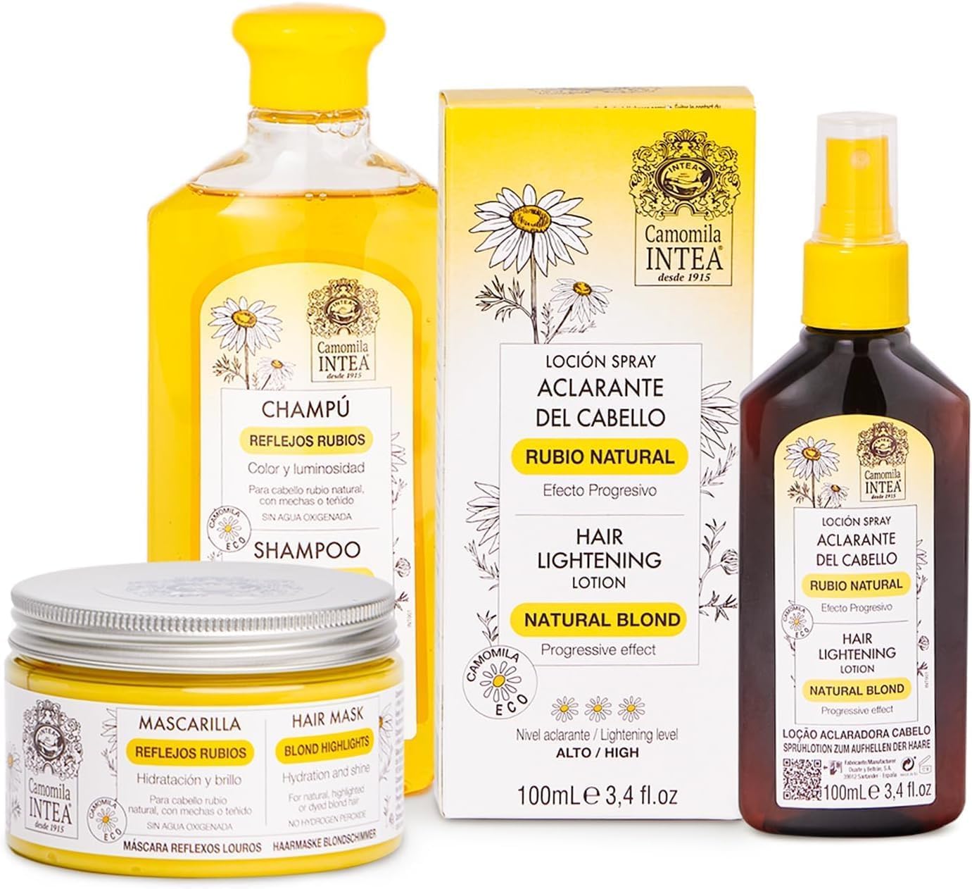 Camomila Intea Tratamiento Rubio – Loción, Champú y Mascarilla Aclarantes (100+250+250 ml)