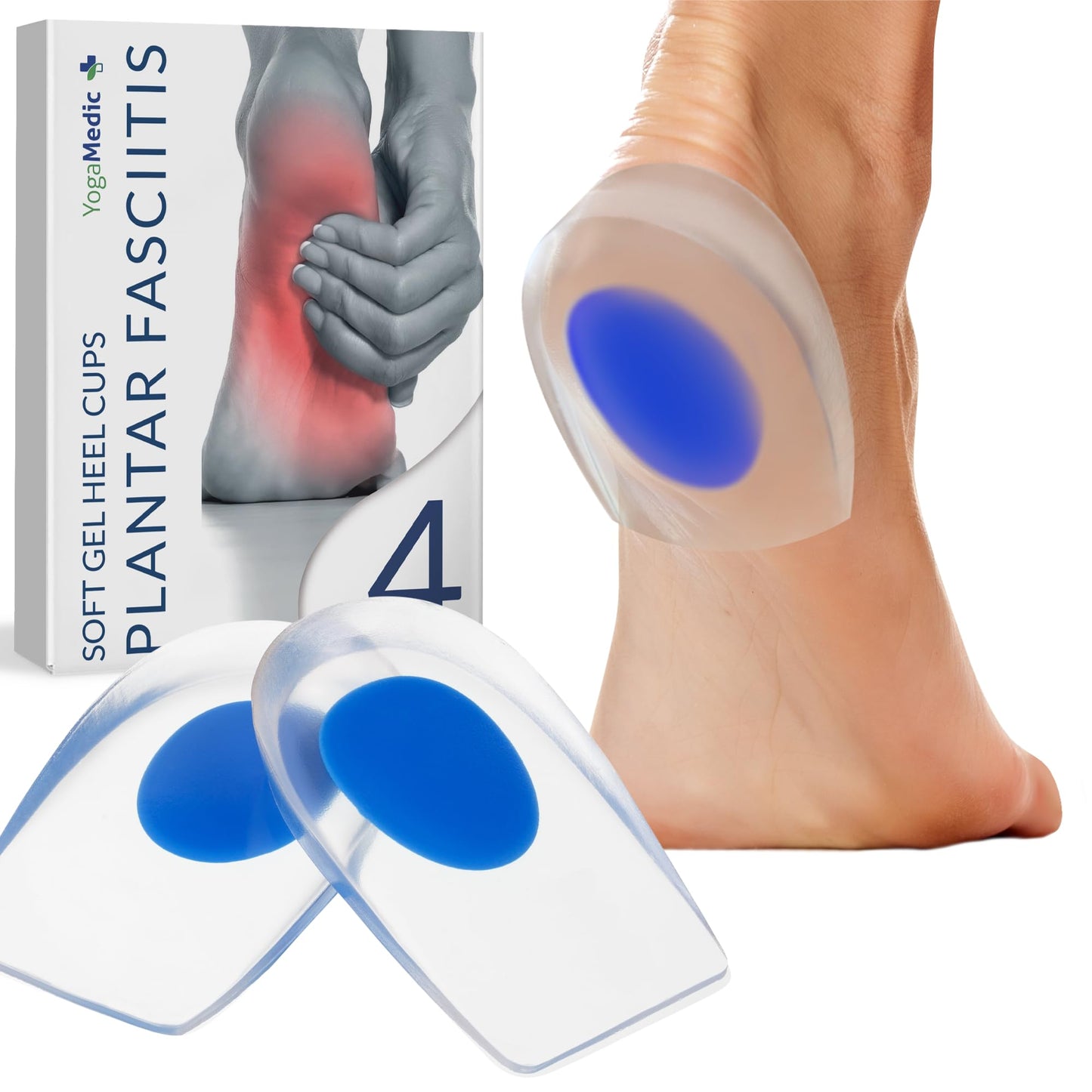 YogaMedic Taloneras de Gel - 2 Pares (4 Uds) – Cómodas Taloneras Fascitis Plantar, Tendinitis de Aquiles y Espolón en el Talón – Plantillas de Talón que Reducen la Presión y el Dolor – (Talla 40-45)