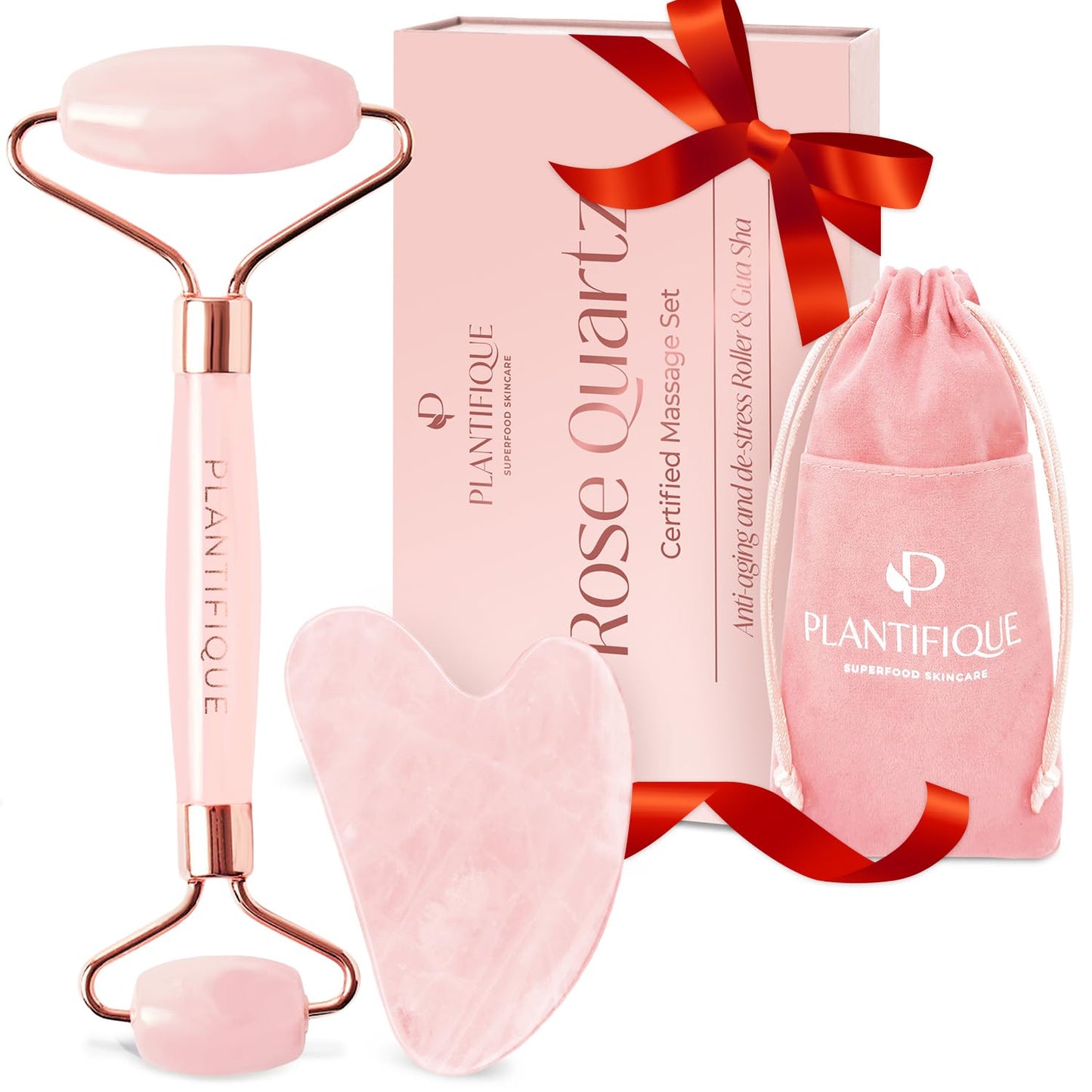 Plantifique – 100% Authentic Rose Quartz Gua Sha and Facial Roller – Anti-Wrinkle Facial Massager for Toning and Firming Skin – Massage Roller – Facial Massagers – Eye Massager