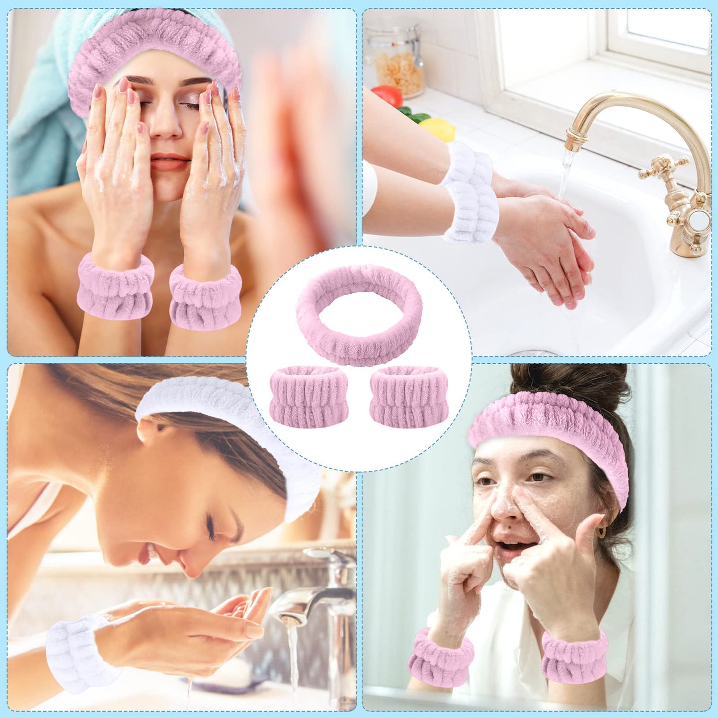 ZOCONE 6pcs Spa Facial Headbands and Wristbands, Soft Makeup Headband Hair Bands for Makeup Women's Hair Band Elastic Skincare Wristbands Facial Cleansing Headband (White and Pink)