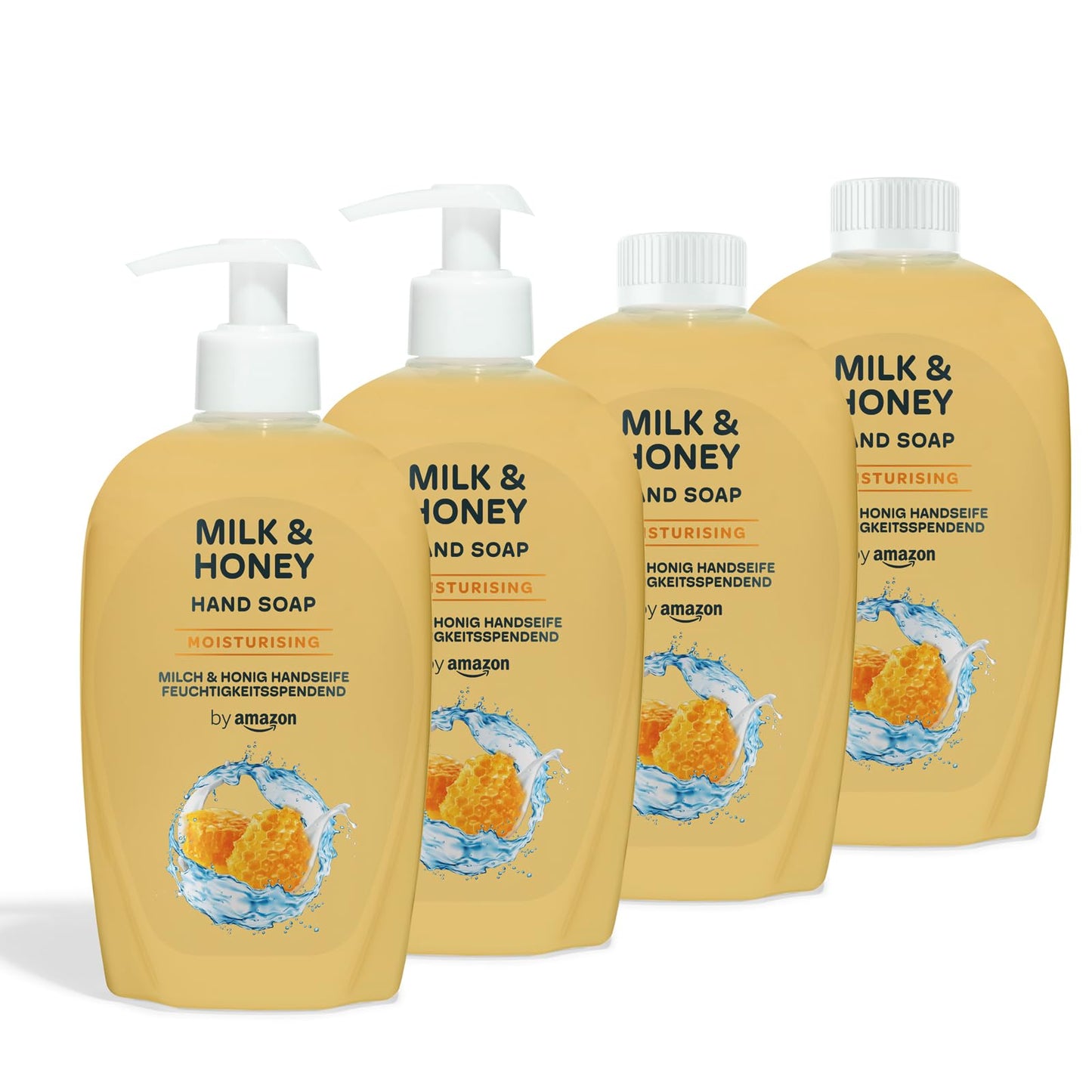 by Amazon Jabón de Manos Miel y Leche – Pack 4 (2 Dispensadores + 2 Recambios)