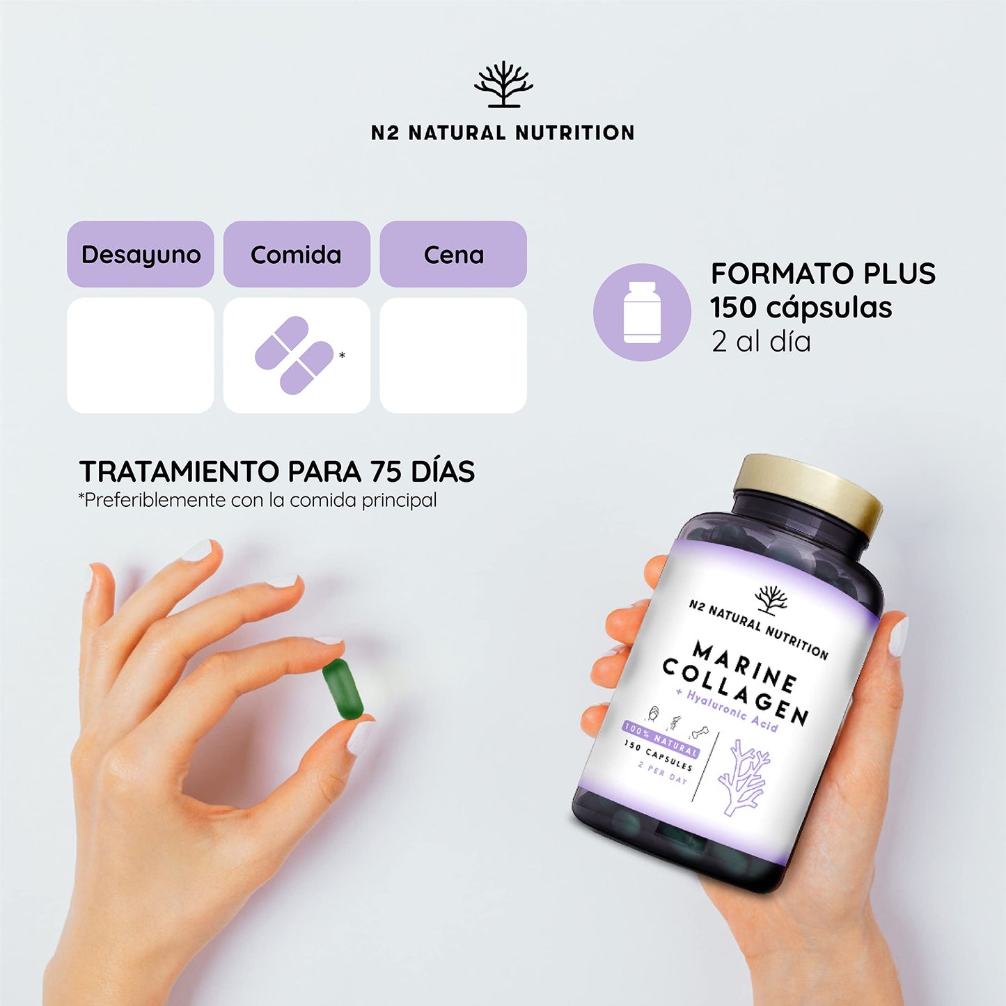Collagen with Magnesium and Hyaluronic Acid. Vitamin C. 150 Capsules 75-day supply. High Concentration. Joint, Skin and Bone Care. PEPTAN Marine Collagen. CE.N2 Natural Nutrition