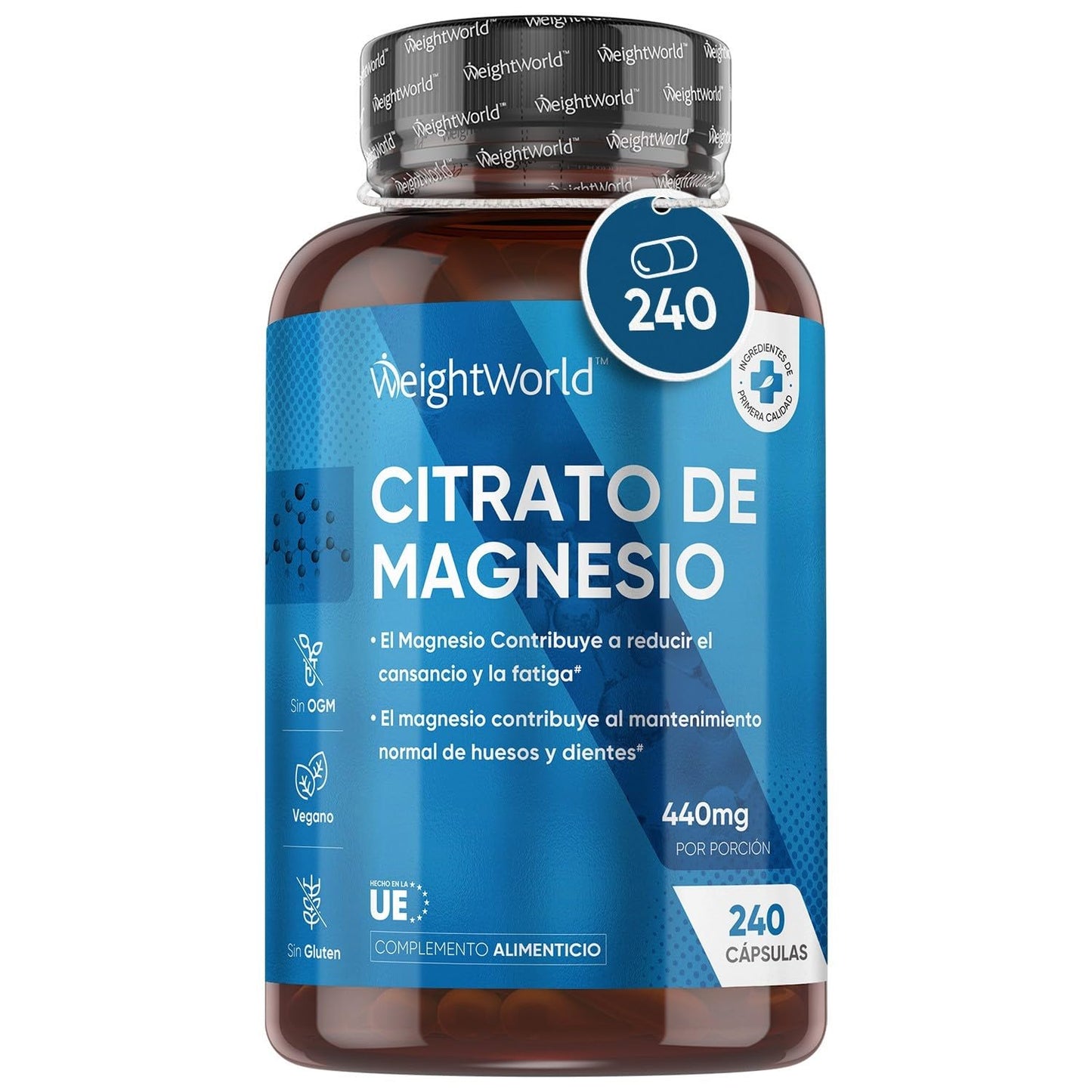 Magnesium Citrate 1480mg, 240 Vegan Capsules - 440mg of High Bioavailability Pure Magnesium, 4 Month Supply, Reduces Tiredness and Fatigue, Balances Electrolytes, Sports Supplement.