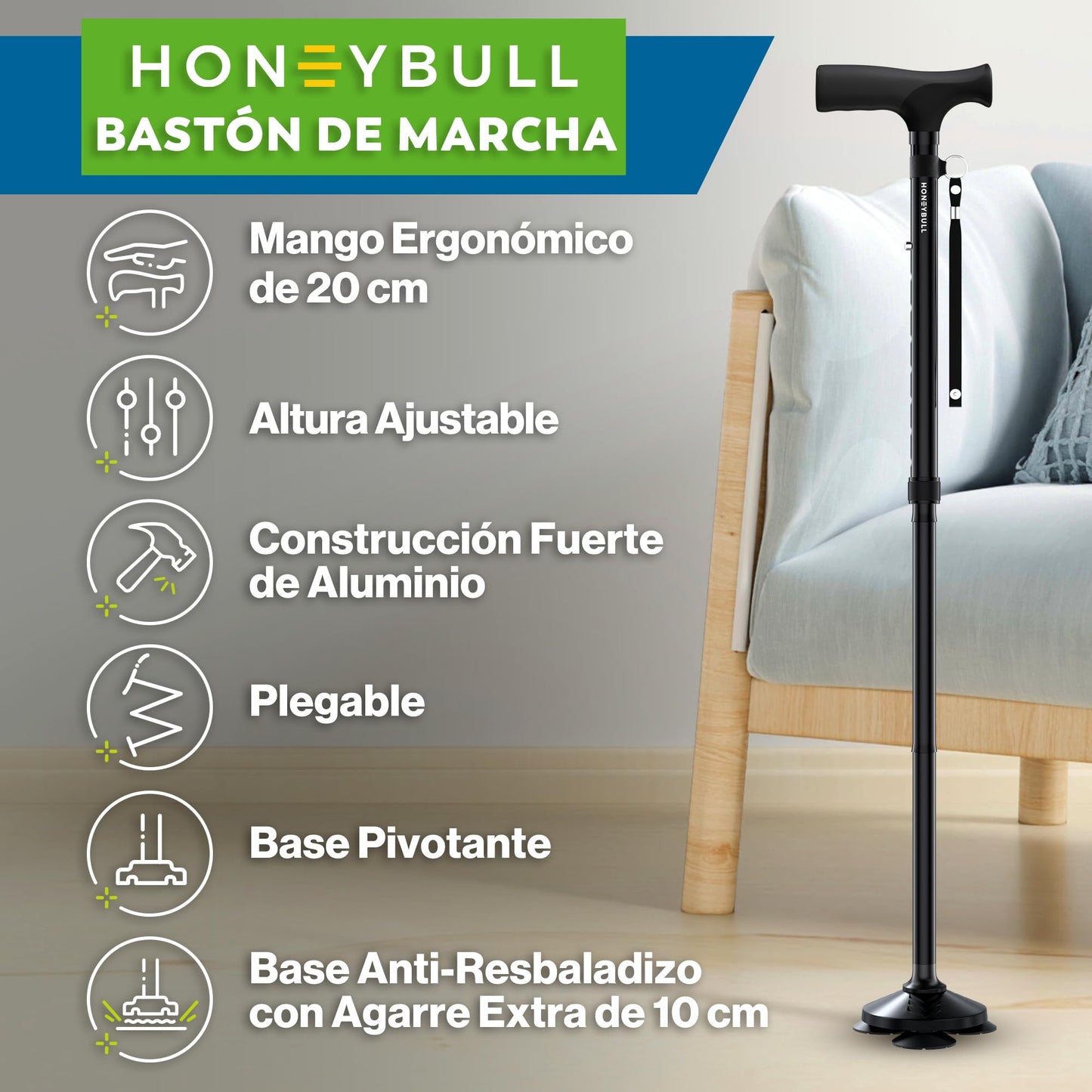 HONEYBULL Bastón Retráctil Ajustable para Adulto Mayor - Negro