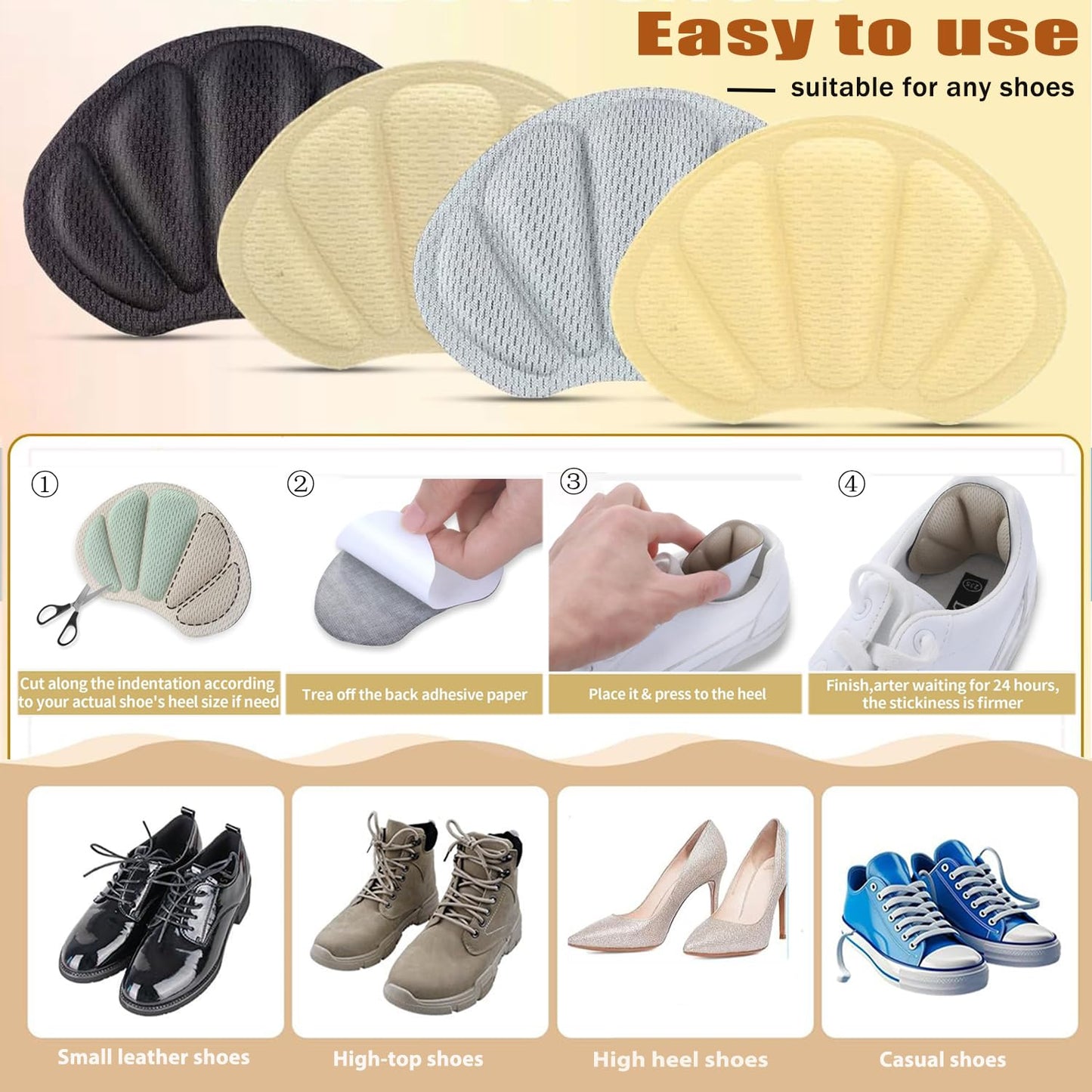 4 Pairs Heel Pads, Non-Slip Self-Adhesive High Heel Shoe Pads, Insoles Inserts for Shoes Too Big and Loose for Men and Women