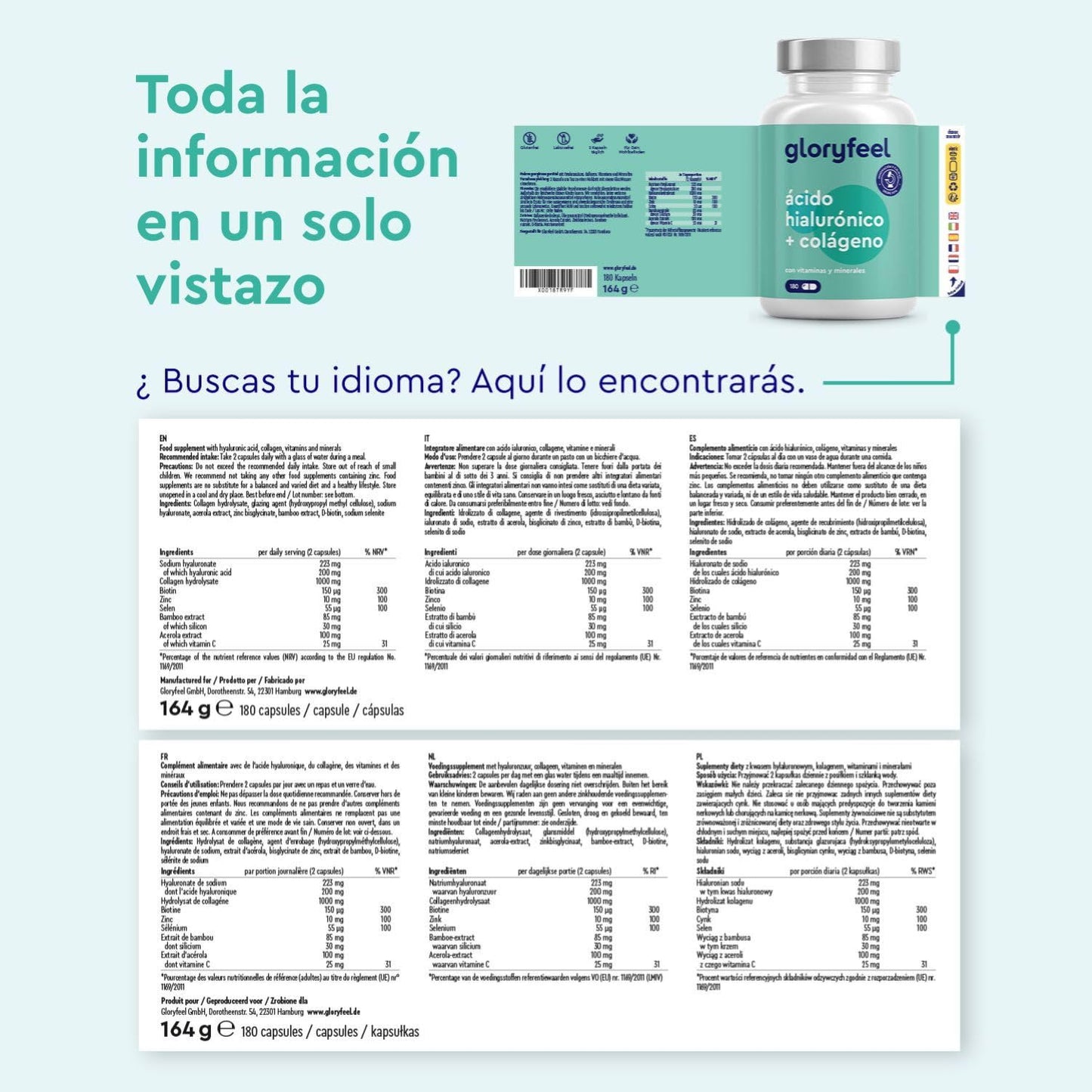 Collagen + Hyaluronic Acid + Natural Vitamin C + Biotin + Zinc + Selenium + Bamboo Extract - For Skin, Joints, Bones and Hair - 180 Capsules (3 Month Supply)