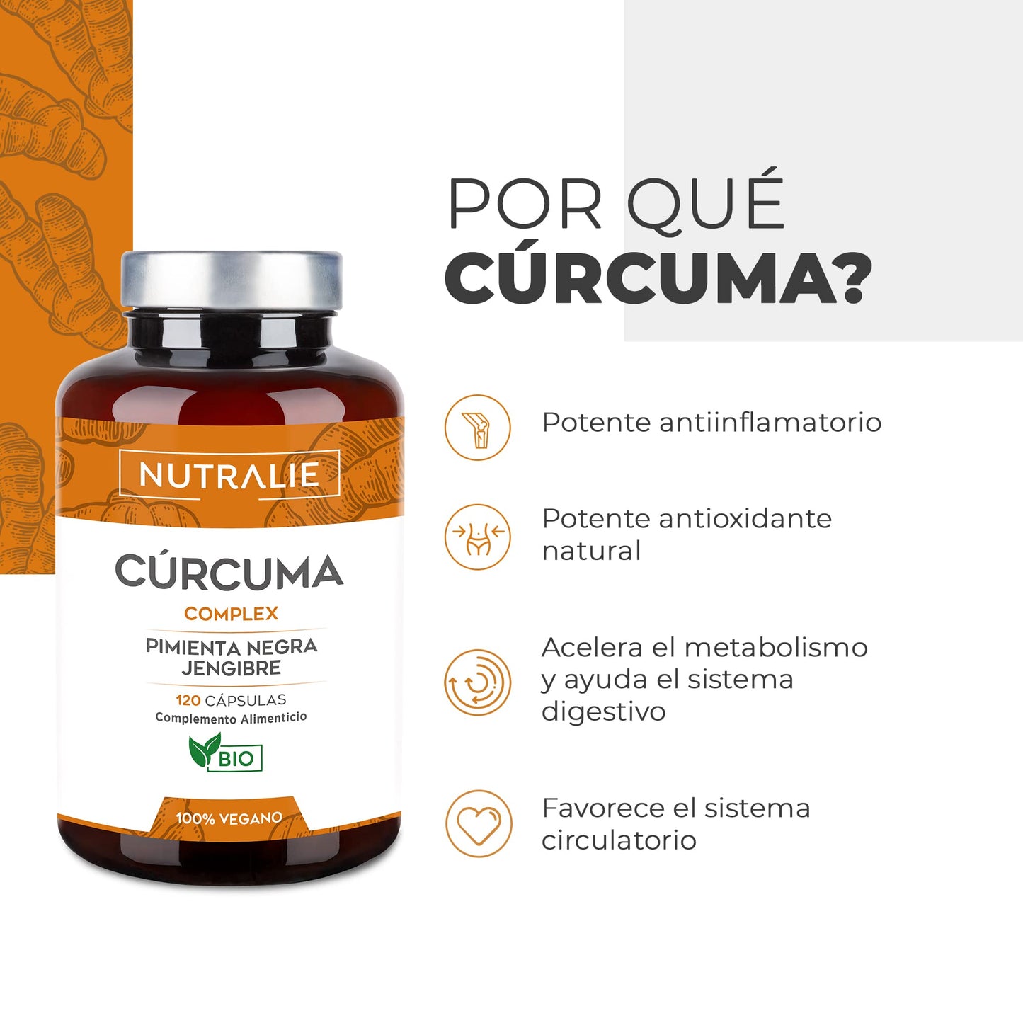 Organic Turmeric with Ginger and Black Pepper (1420mg x Dose) Powerful Anti-inflammatory and Natural Antioxidant - High Concentration Curcumin and Piperine - Turmeric BIO | 120 Capsules Nutralie