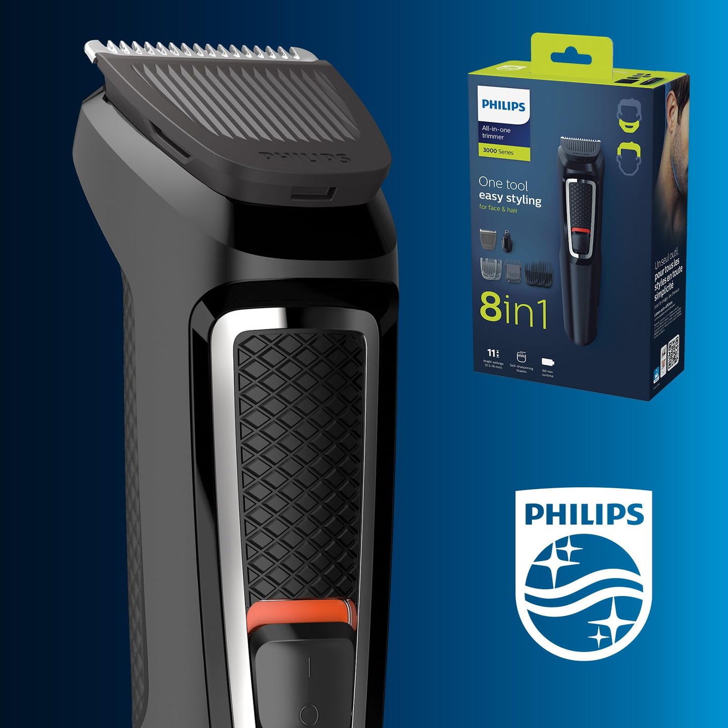 Philips Multigroom Series 3000 All-in-One Trimmer, 7 in 1, One Tool, Easy Shaping for Face and Hair, 11 Length Settings (0.5-16mm), Model MG3730/15