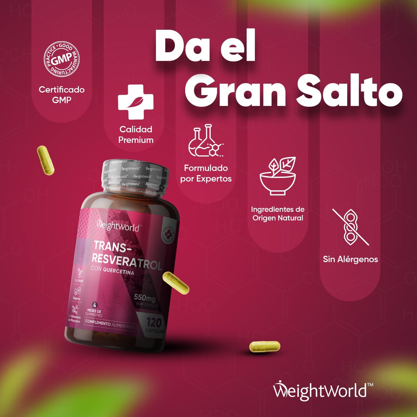 Trans Resveratrol with Quercetin 550mg - 120 Capsules - 98% Natural Source of Antioxidants from Japanese Knotweed and Sophora Japonica - 4 Month Supply - Vegan Friendly and Gluten Free