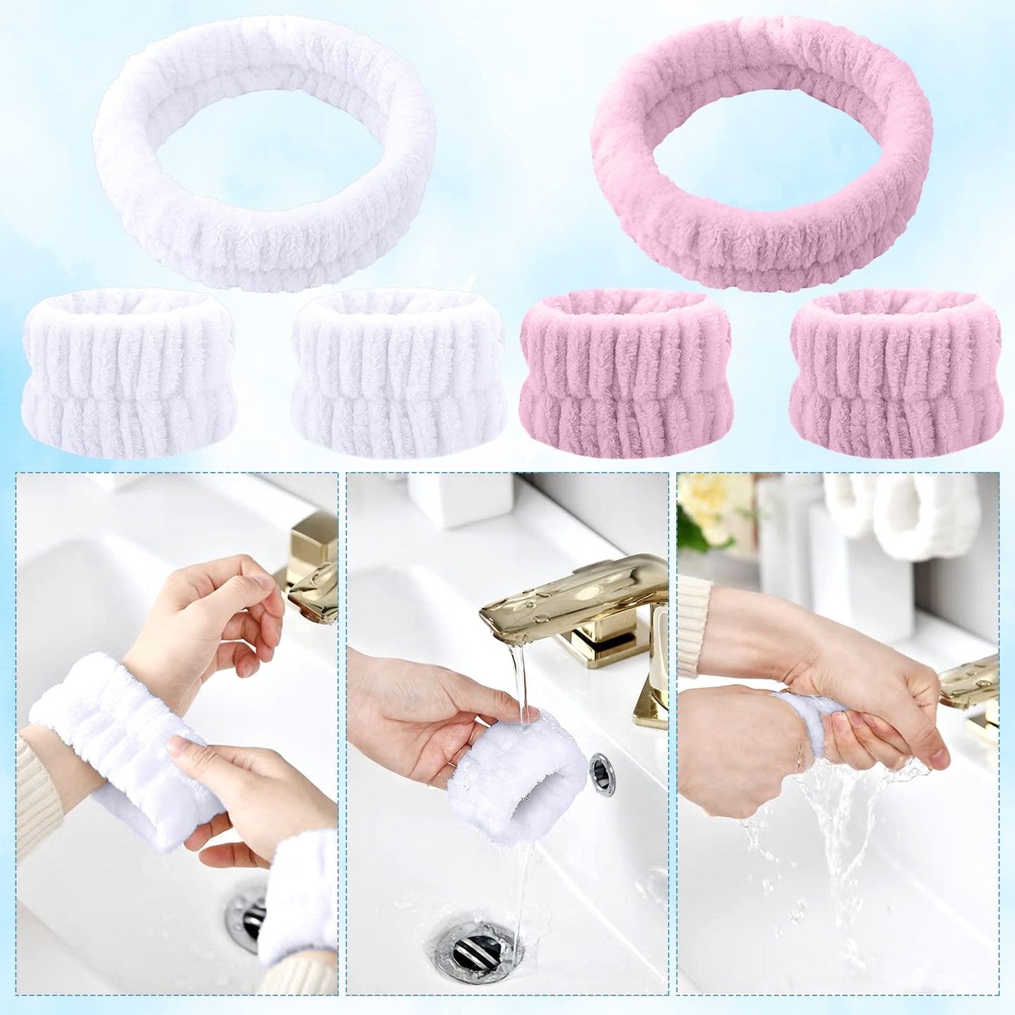ZOCONE 6pcs Spa Facial Headbands and Wristbands, Soft Makeup Headband Hair Bands for Makeup Women's Hair Band Elastic Skincare Wristbands Facial Cleansing Headband (White and Pink)