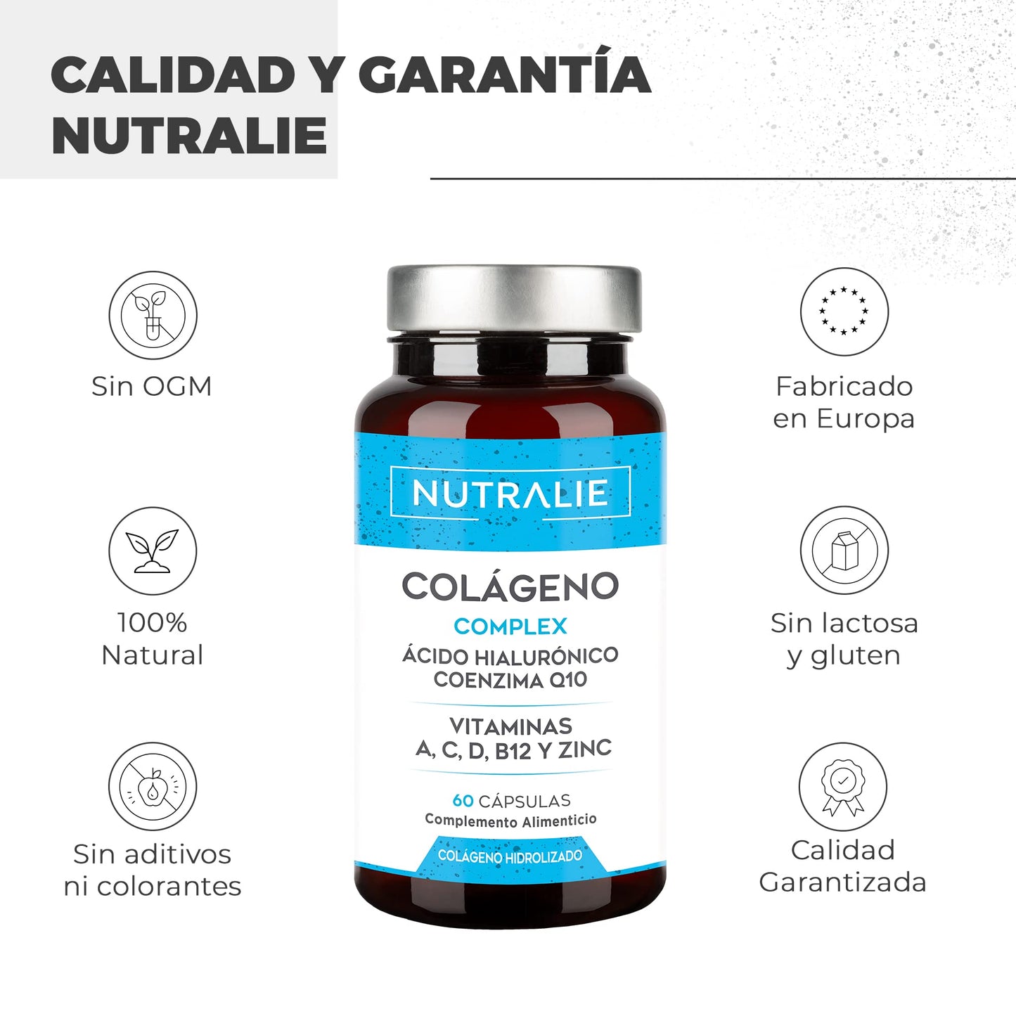 Collagen + Hyaluronic Acid + Coenzyme Q10 + Vitamins A, C, D and B12 + Zinc | For Joints and Skin | Hydrolyzed in 60 capsules | Nutralie