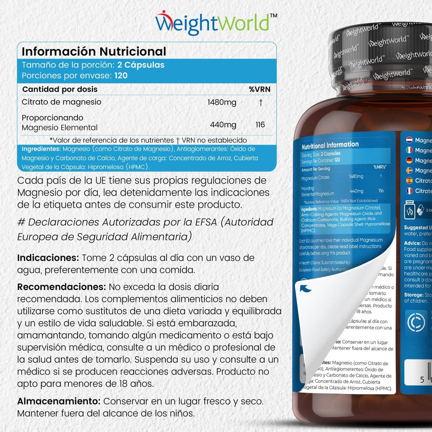 Magnesium Citrate 1480mg, 240 Vegan Capsules - 440mg of High Bioavailability Pure Magnesium, 4 Month Supply, Reduces Tiredness and Fatigue, Balances Electrolytes, Sports Supplement.