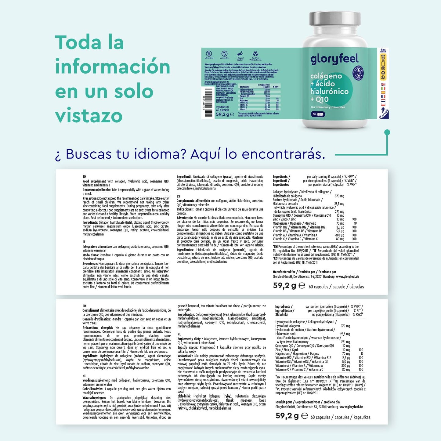 Hydrolyzed Marine Collagen + Hyaluronic Acid + Magnesium + CoQ10 + Zinc + Vitamins A, C, D and B12 - Strong Joints, Smooth Skin and Energy - Lab Tested