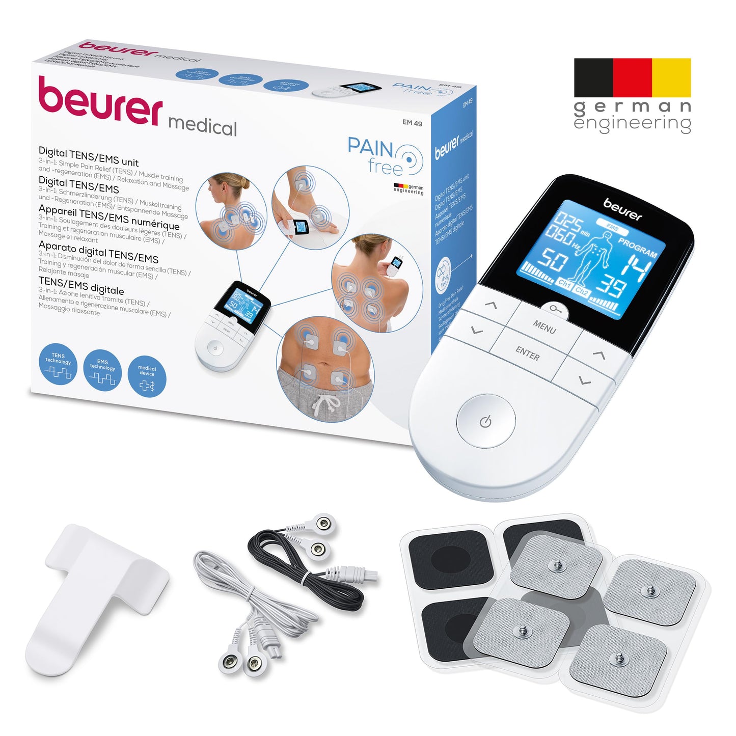 Beurer EM 49 – Electroestimulador TENS/EMS 3 en 1 con Masaje para Alivio del Dolor y Entrenamiento Muscular
