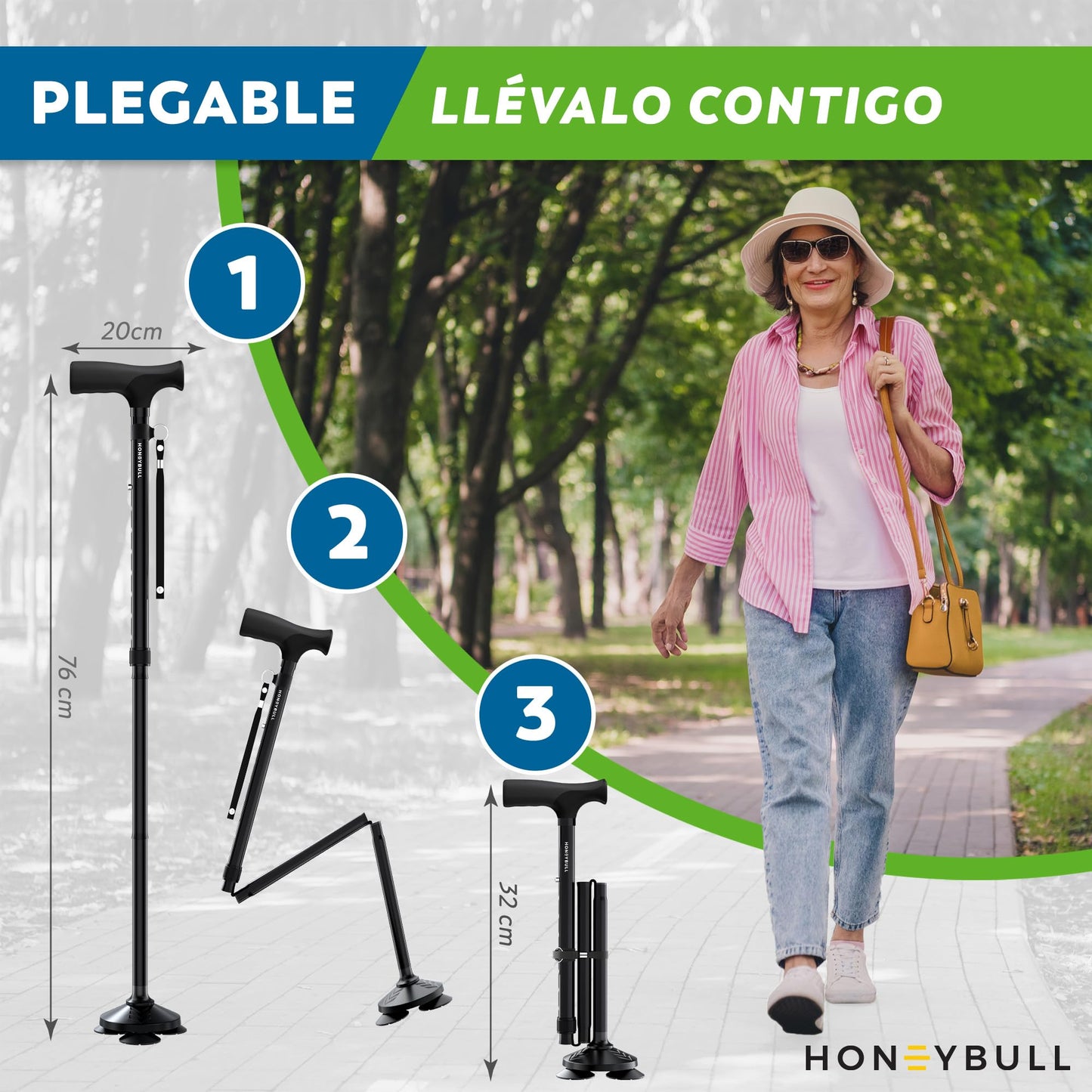 HONEYBULL Bastón Retráctil Ajustable para Adulto Mayor - Negro