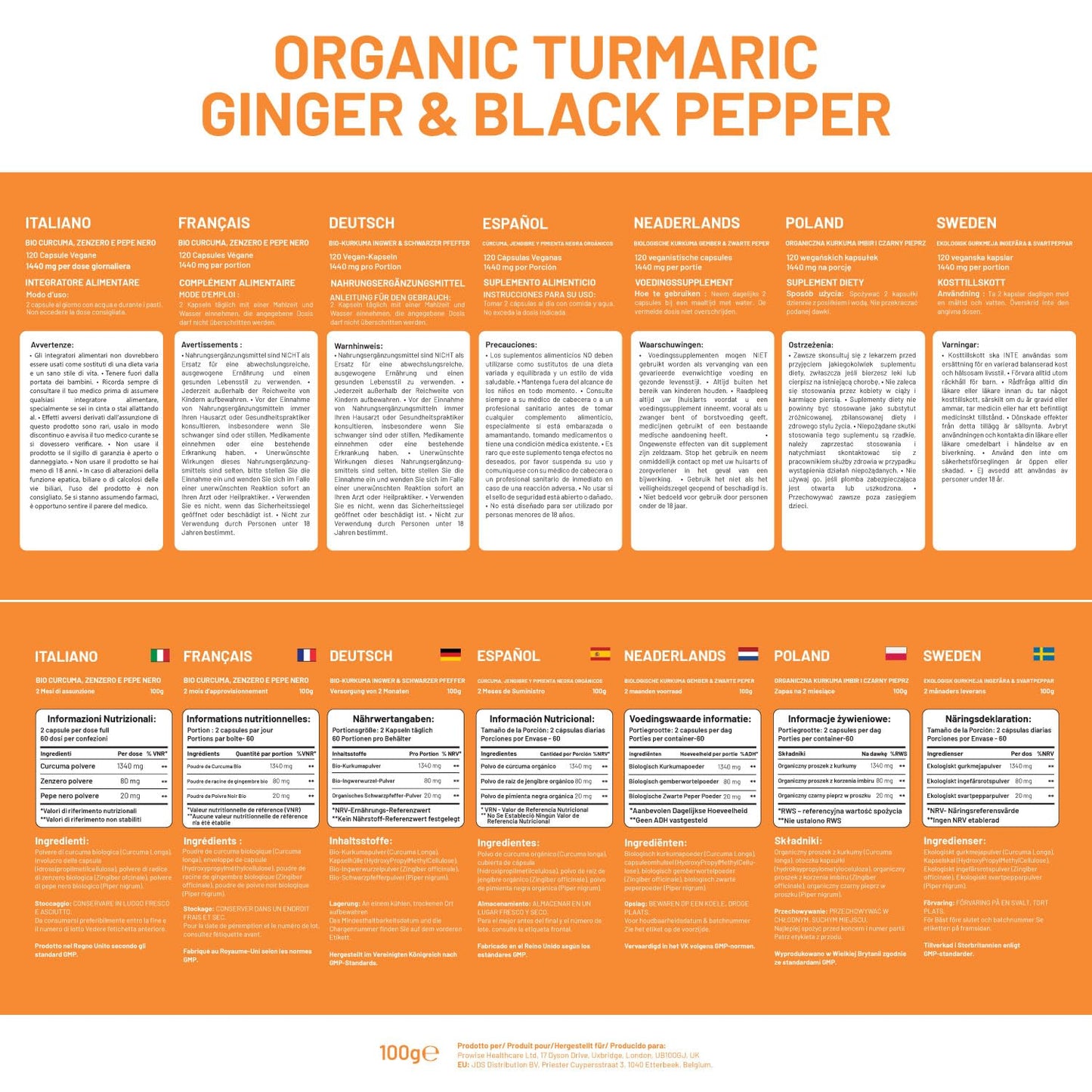 Turmeric Curcumin 1440mg with Black Pepper & Ginger I 120 High Strength Vegan Turmeric Capsules (2 Month Supply) I Made in the UK by Prowise Healthcare