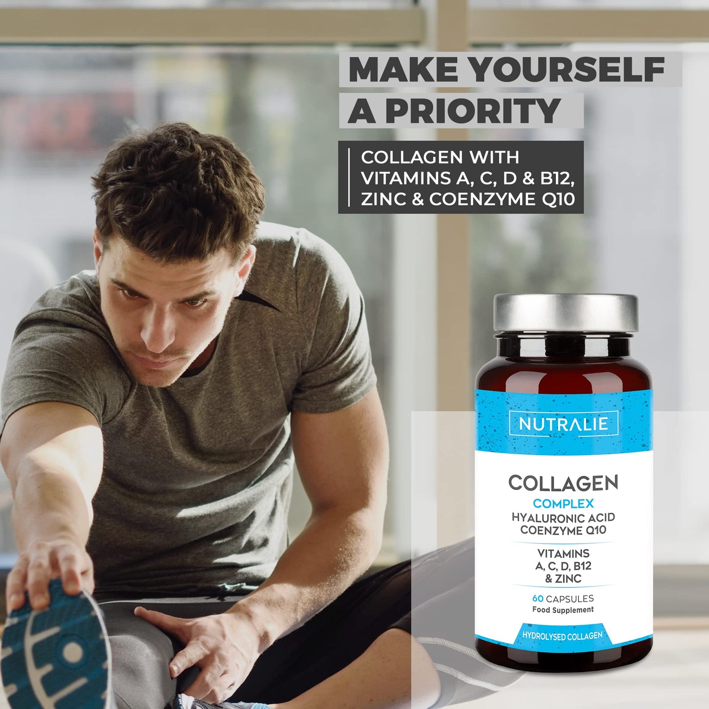 Collagen Hyaluronic Acid Q10 - Pure Hydrolyzed - Joints Skin + Vitamins CAD B12 + Zinc - 60 capsules - Nutralie (No dyes)