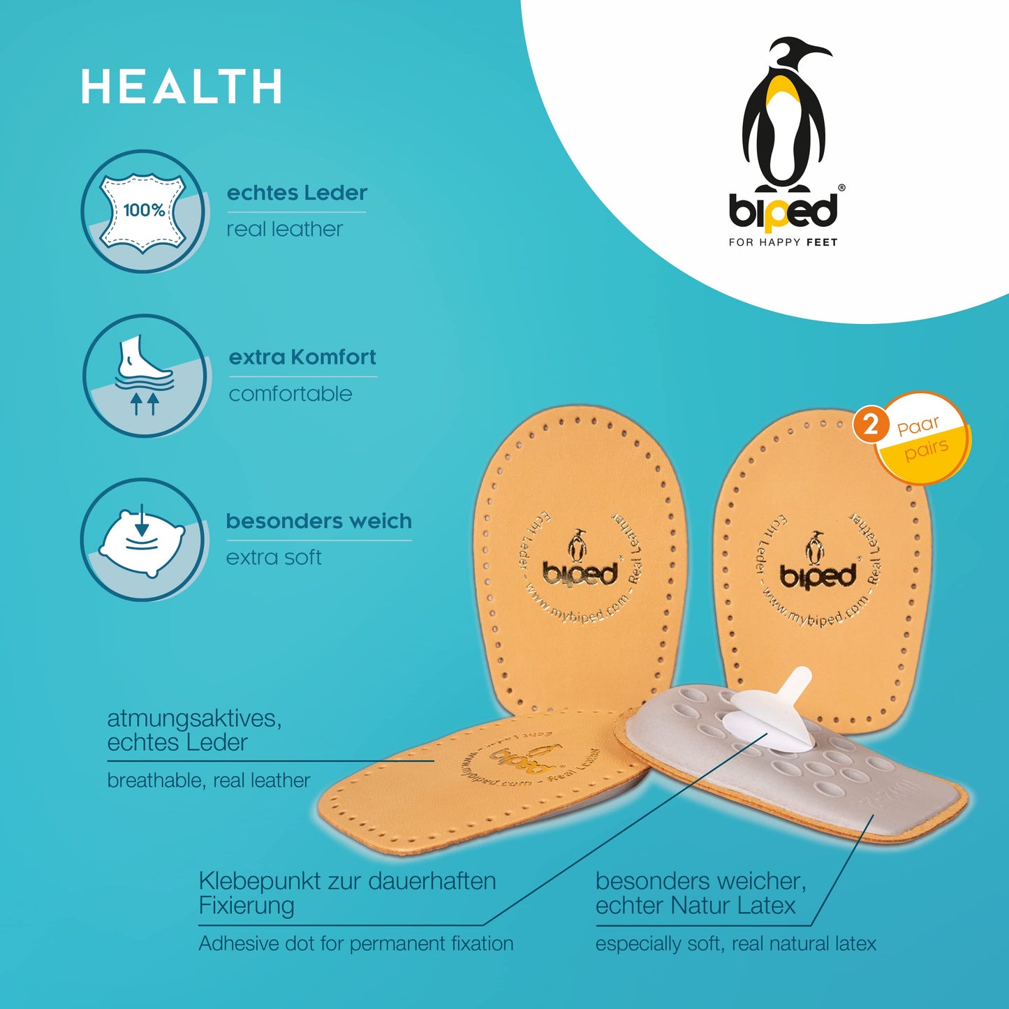 biped HEALTH Taloneras de Cuero Vegetal – Amortiguación Suave y Autoadhesiva (2 Pares)