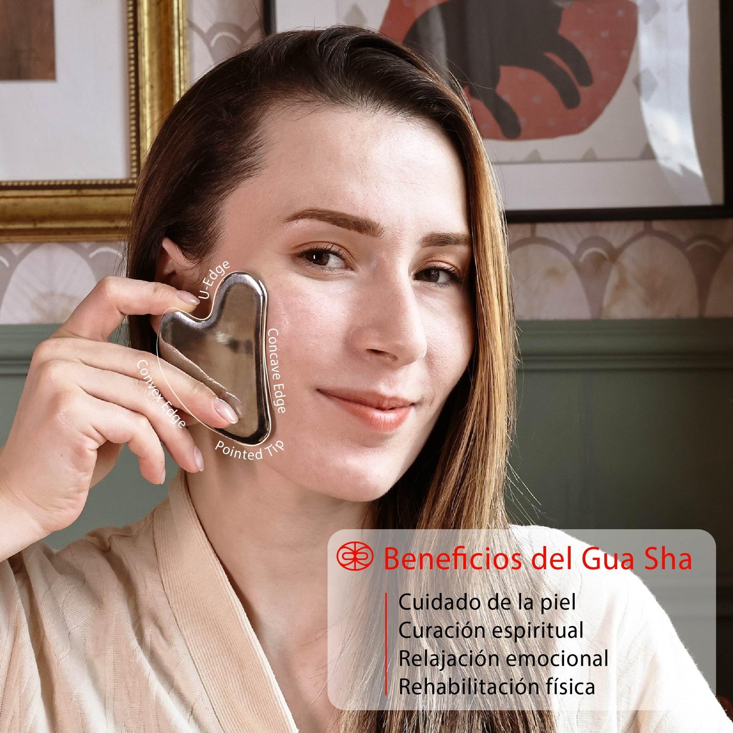 Rena Chris Gua Sha Facial Massager, Stainless Steel GuaSha Stone for Sculpting Jawline, Removing Eye Bags, Skin Care Gifts(Silver)
