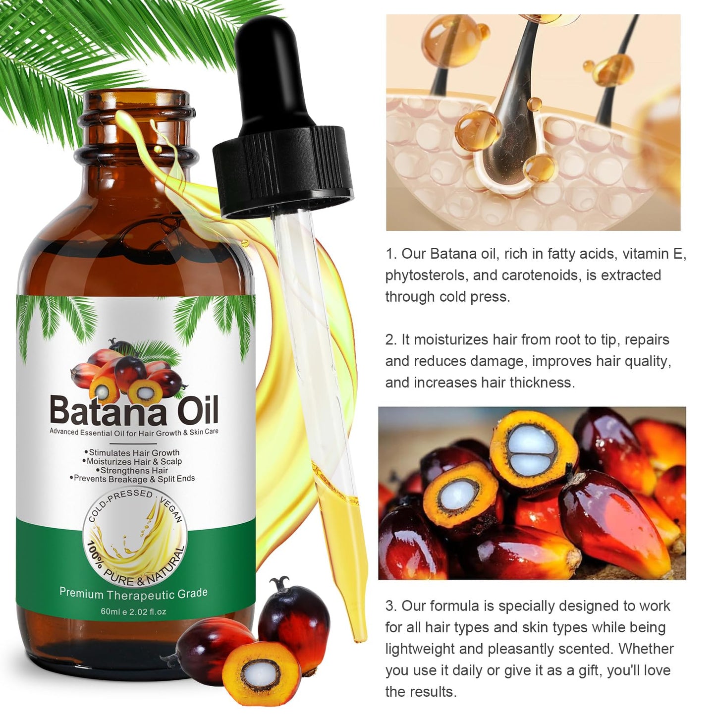 Batana Oil for Hair, Eyebrows and Eyelashes, Natural Cold Pressed Hair Growth Oil for Men Women, 60ml