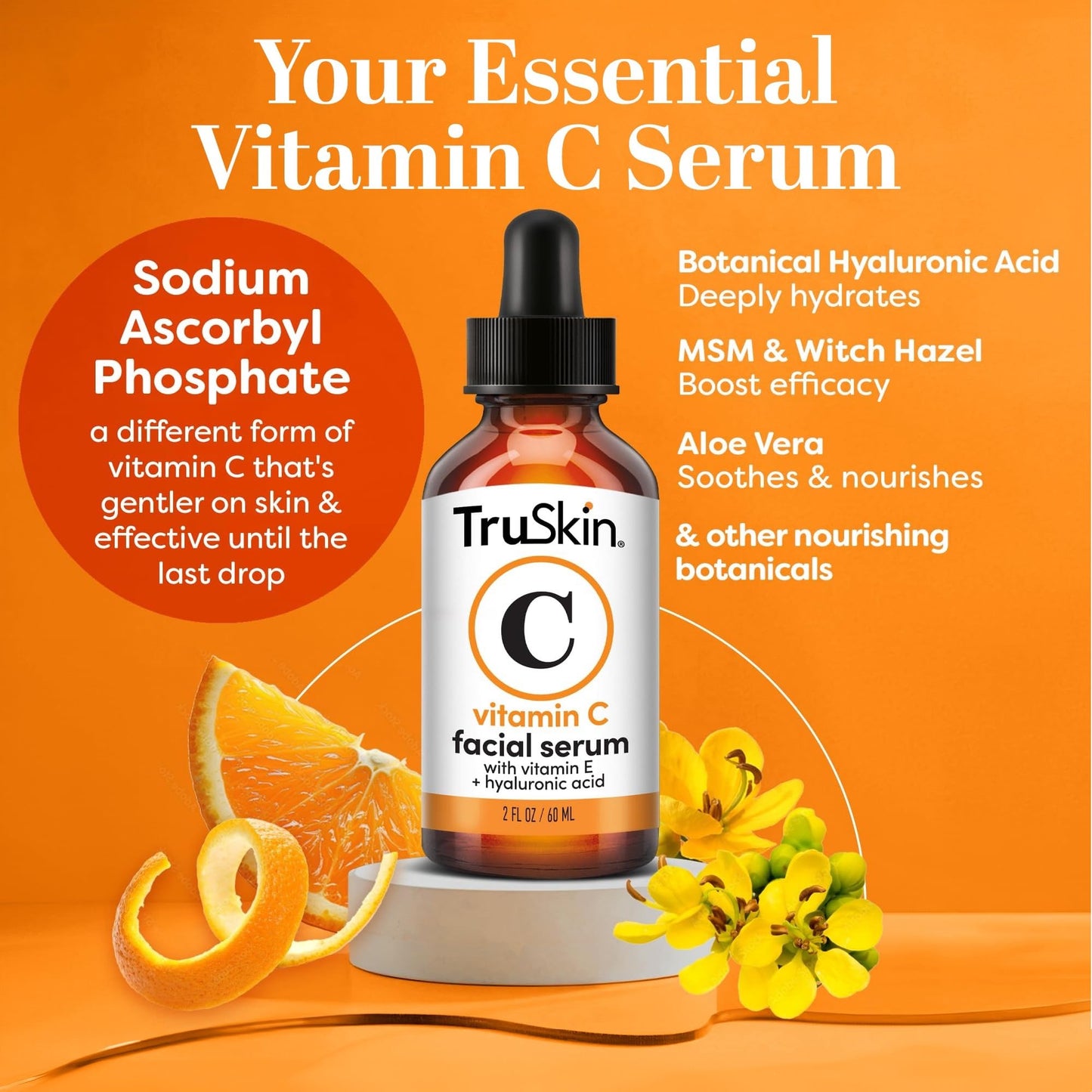 TruSkin Vitamin C Serum - Sérum anti-age à la vitamine C avec acide hyaluronique, vitamine E, aloès - Sérum éclaircissant pour les taches brunes, les ridules et les rides, 2 Fl Oz 60ml