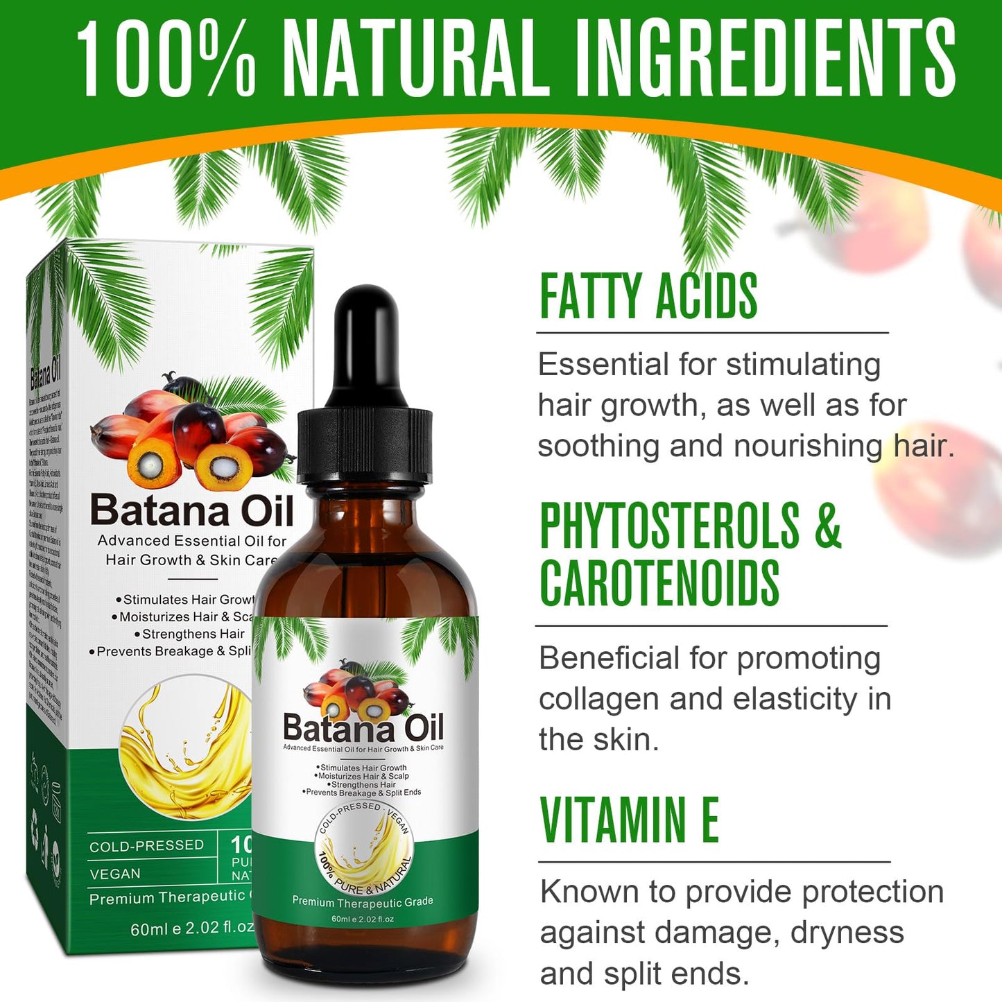Batana Oil for Hair, Eyebrows and Eyelashes, Natural Cold Pressed Hair Growth Oil for Men Women, 60ml