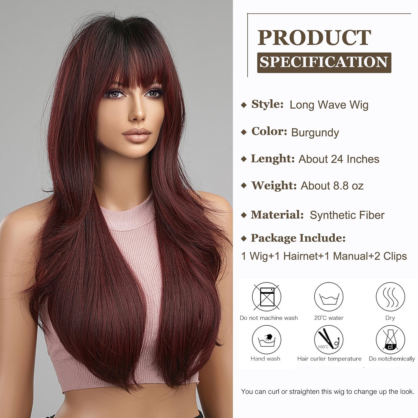 Esmee Long Red Ombre Wigs for Women Burgundy Wavy Curly Synthetic Hair Wig with Bangs for Daily Use at Cosplay Parties-24 Inch