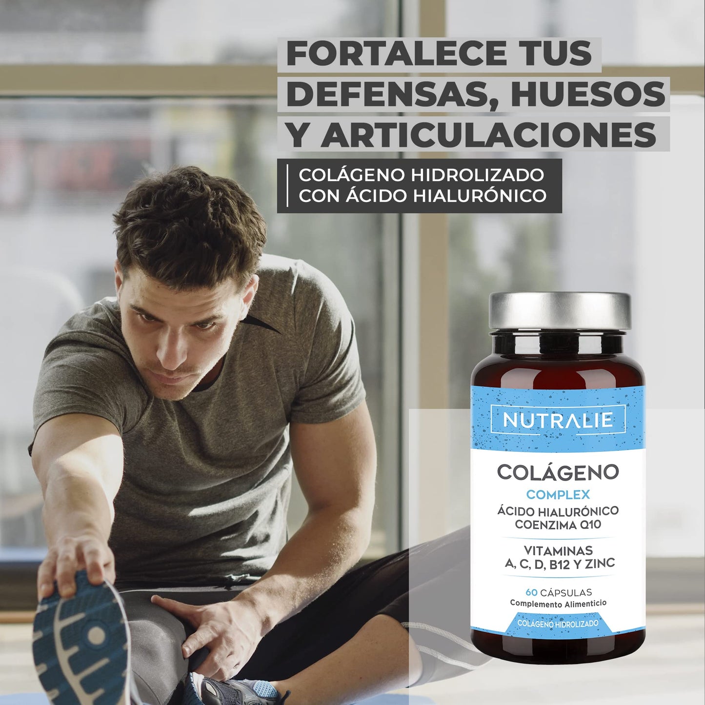Collagen + Hyaluronic Acid + Coenzyme Q10 + Vitamins A, C, D and B12 + Zinc | For Joints and Skin | Hydrolyzed in 60 capsules | Nutralie