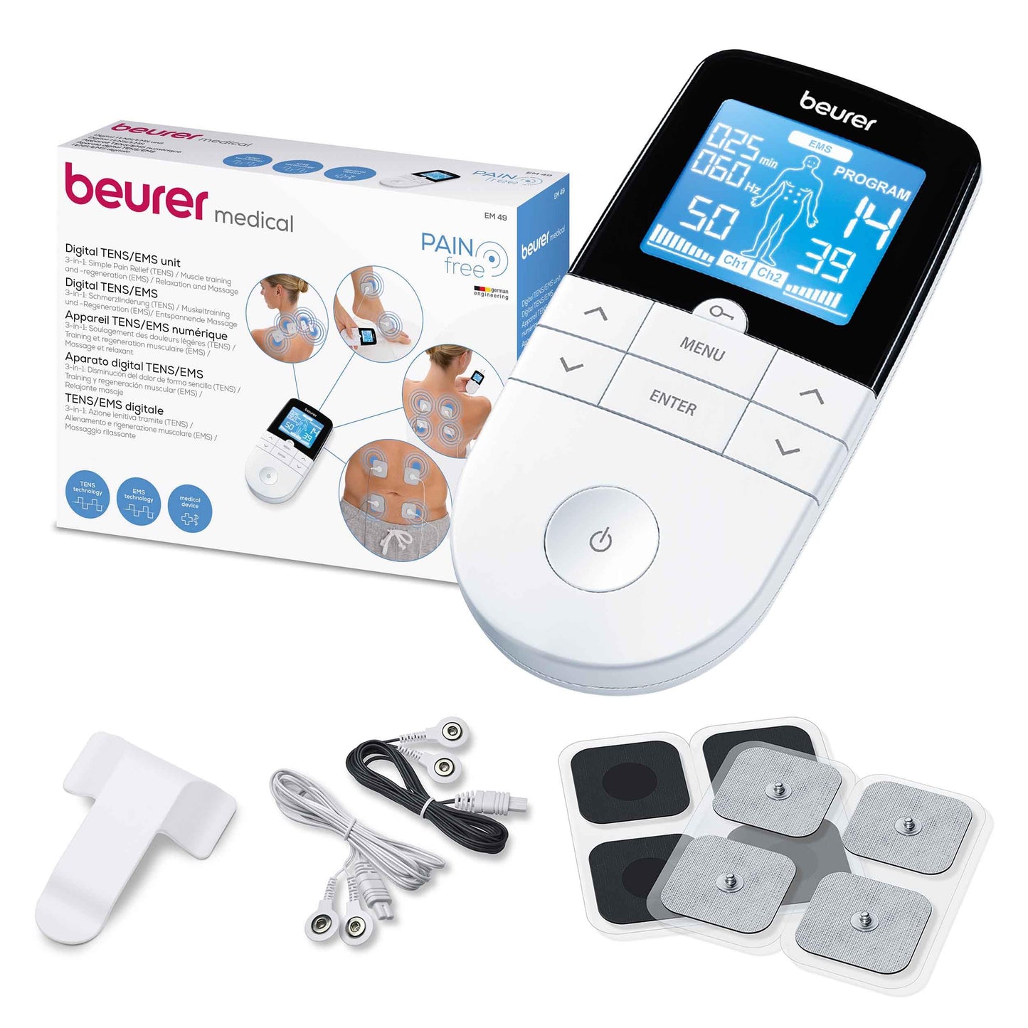 Beurer EM 49 – Electroestimulador TENS/EMS 3 en 1 con Masaje para Alivio del Dolor y Entrenamiento Muscular