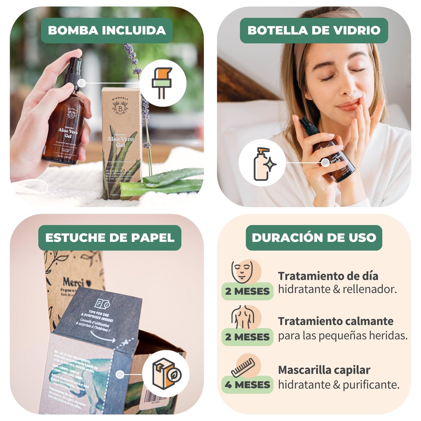 Bionoble Organic Aloe Vera Gel 100ml - Made with 100% Pure Fresh Aloe Pulp and Lavender - Xanthan Free - Face, Eye Contour, Body, Hair - Glass Bottle + Pump